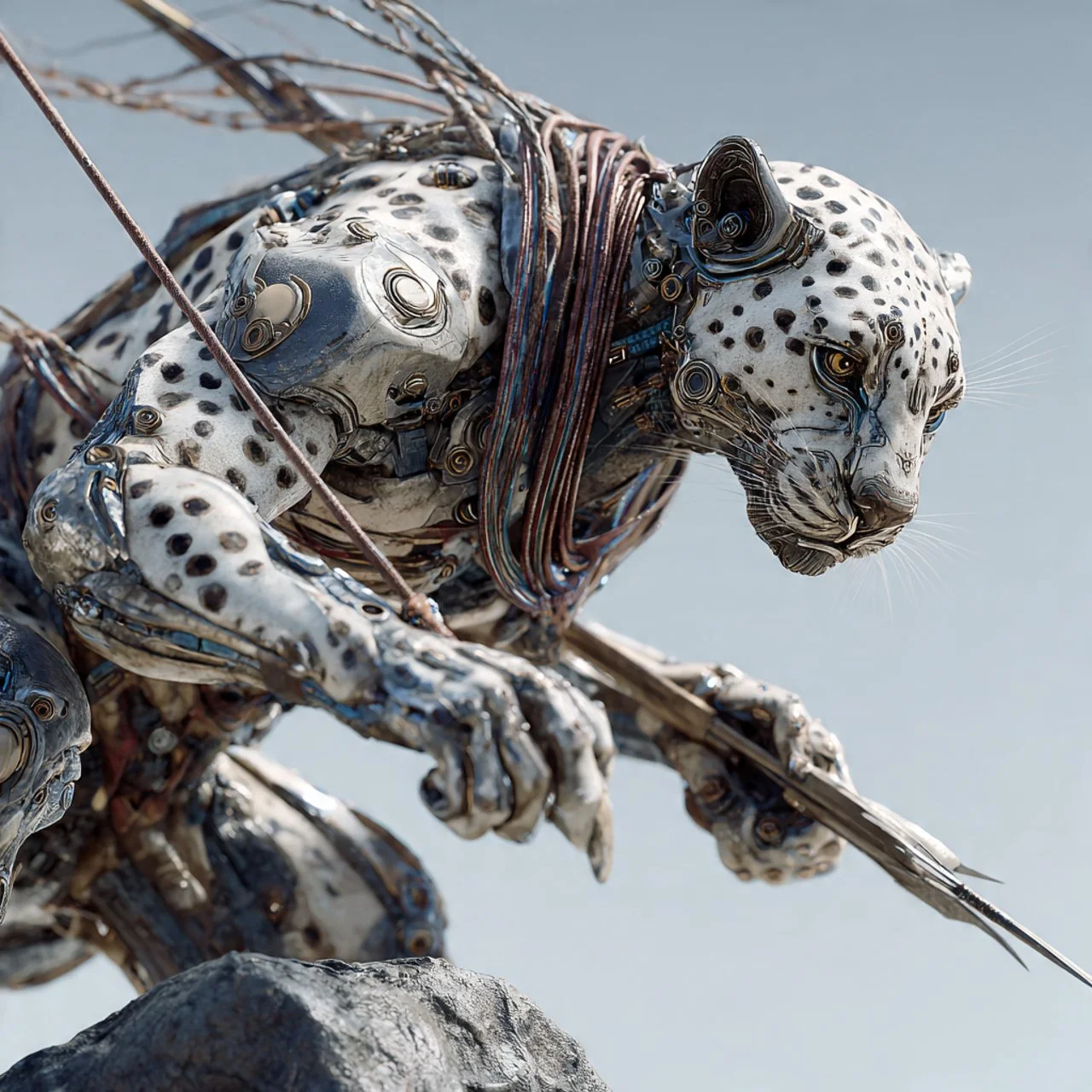 Ein futuristisches Modell eines Leoparden aus metallischen Teilen und Kabeln, mit einem Bolzen in der Hand, auf einem Felsen sitzend.