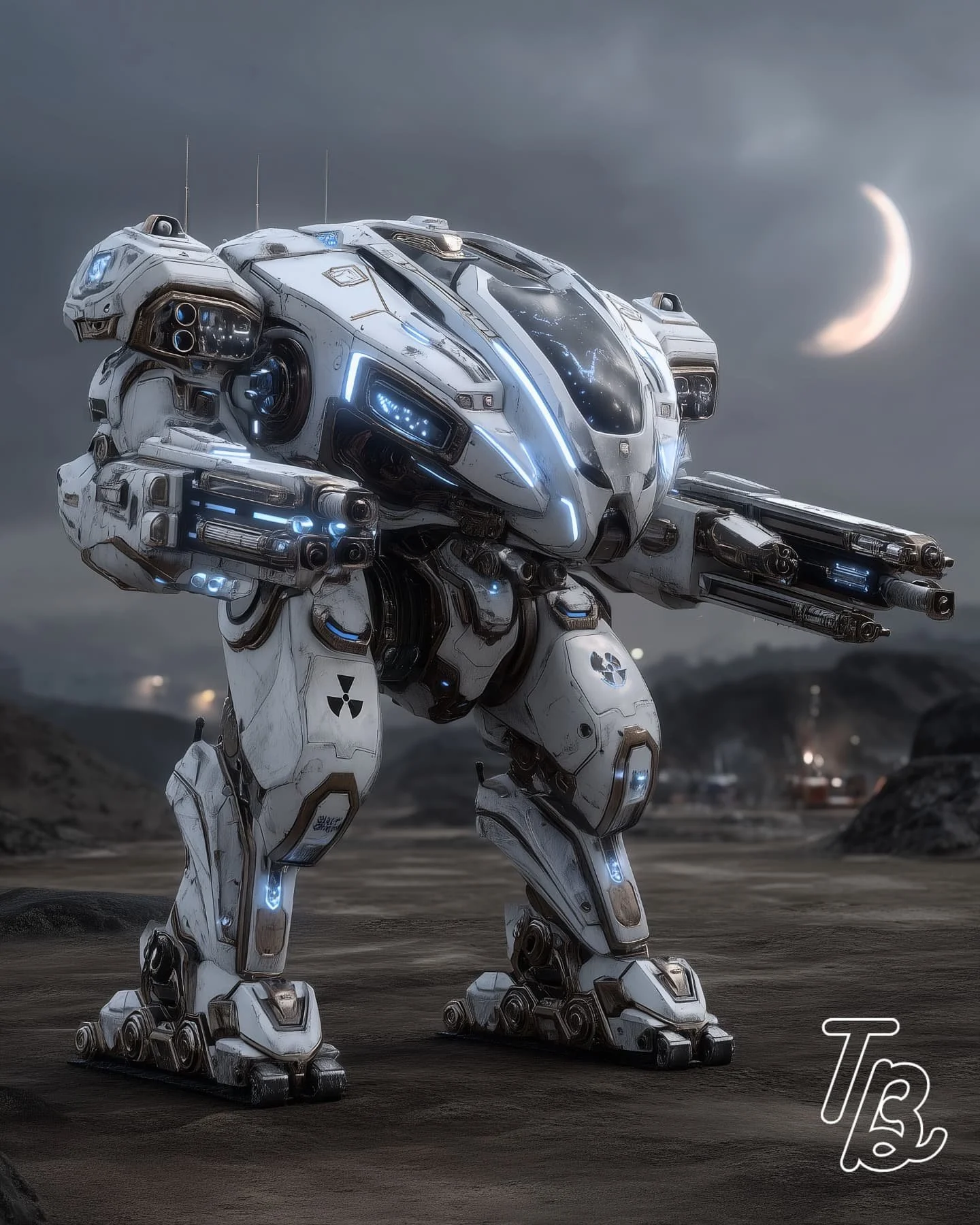 Ein hochmodernes, weißes Kampfschiff auf einem extraterrestrischen Terrain bei Nacht, mit einem Halbmond im Himmel im Hintergrund.