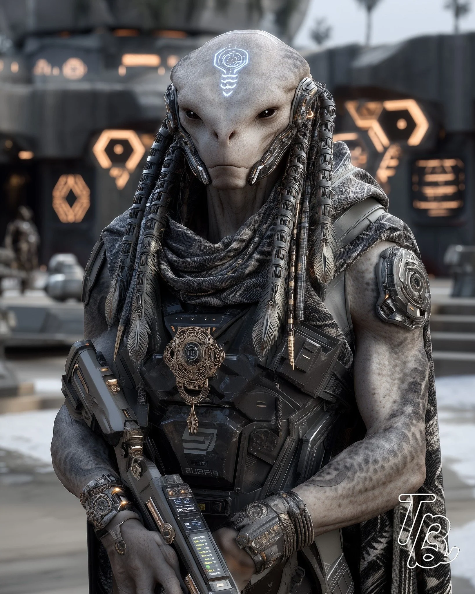 Ein humanoider Alien mit reptilienartiger Haut, langen Dreadlocks, in High-Tech-Kleidung mit Cyber-Accessoires, hält ein futuristisches Gerät in den Händen.