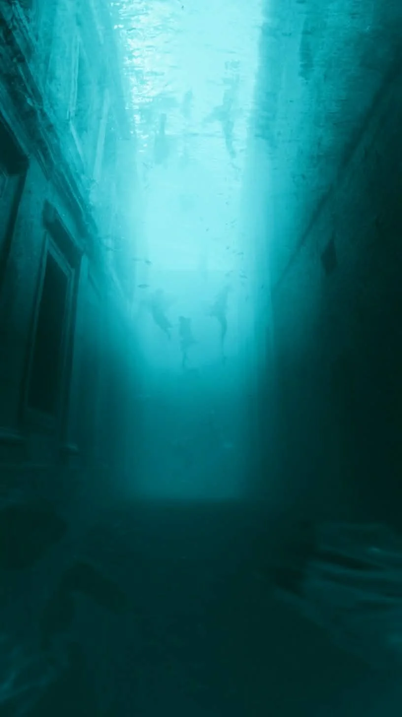 Blick nach oben in einen hohen, regenüberfluteten urbanen Straßentunnel, Wasser reflektiert das Licht von oben.