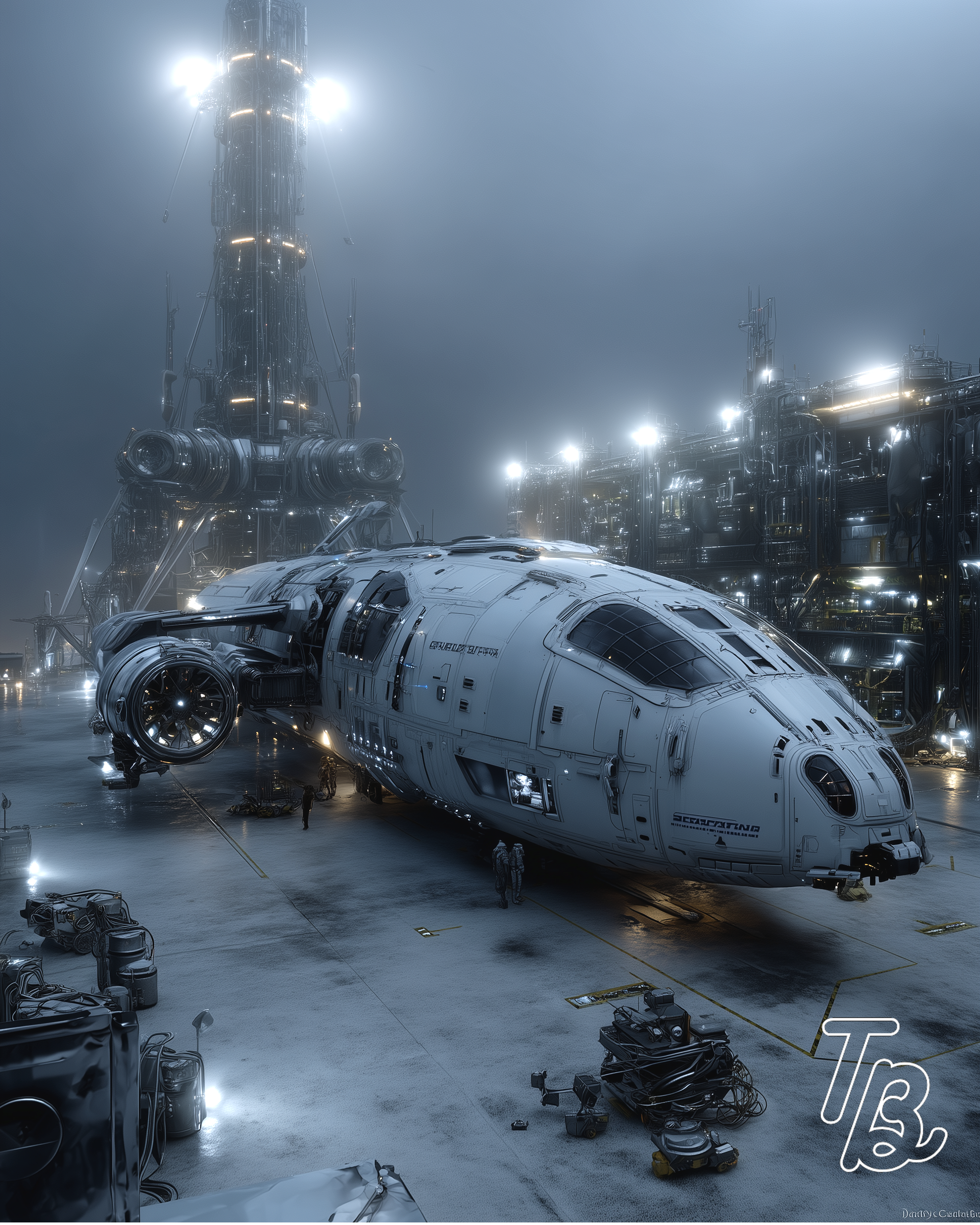 Das Bild zeigt die Neustart eines Raumschiffs namens Starship auf einer Raumfahrtbasis bei Nacht. Das Raumschiff ist weiß mit schwarzem Cockpitfenster und befindet sich auf einer großen Startplattform, umgeben von technischen Geräten und Kabeln. Im H