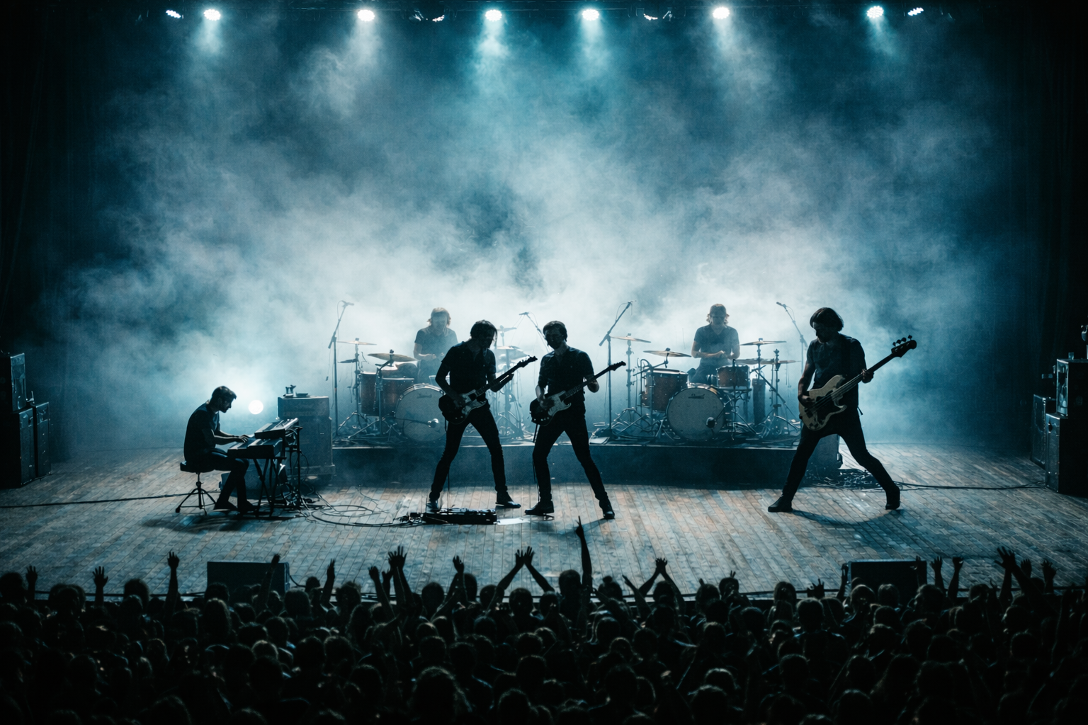 Eine Band auf der Bühne während eines Konzerts, mit Rauch und Bühnenbeleuchtung im Hintergrund, vor einer begeisterten Menschenmenge.