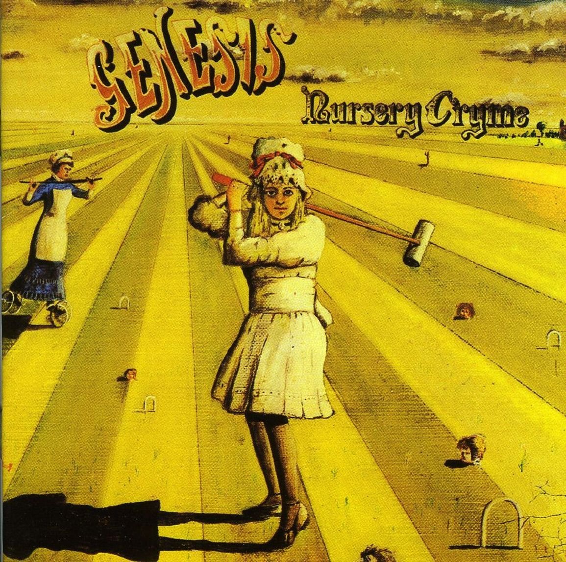 Illustration des Albums "Nursery Cryme" von Genesis, mit Frau im viktorianischen Stil, gehockt mit Hammer.