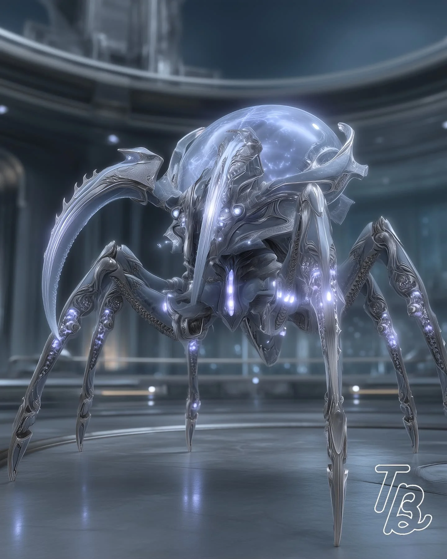 Ein futuristisches, metallisches Spinnenwesen mit einem leuchtenden, energetischen Kopf in einer modernen Halle.