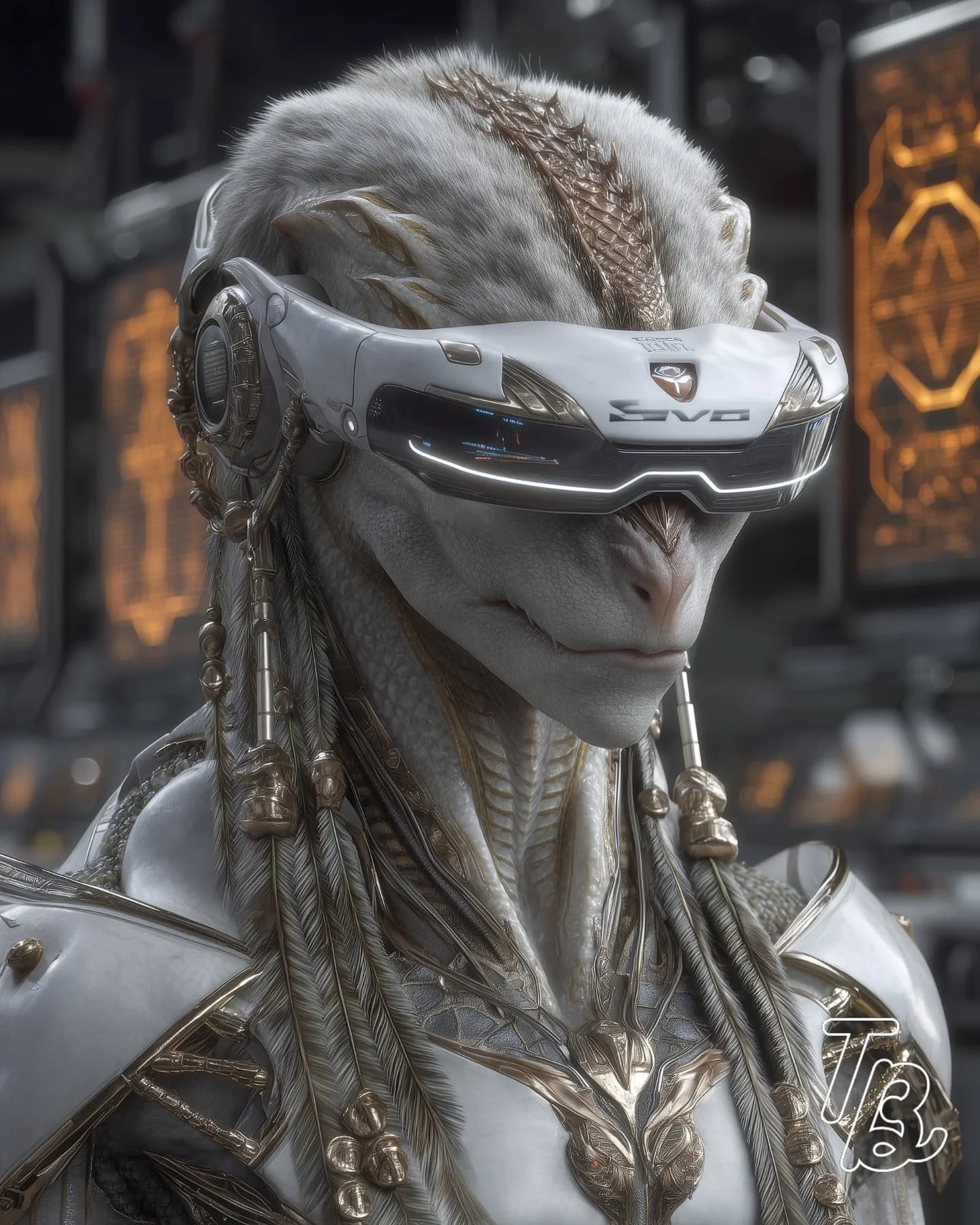 Ein anthropomorphe Echse trägt modernste Brille mit futuristischem Design, im Hintergrund leuchtende holografische Anzeigen.