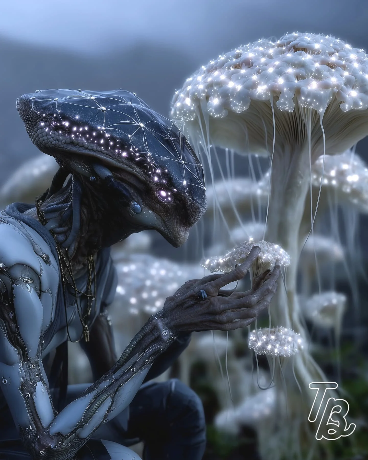 Ein humanoider Roboter mit leuchtender, digitaler Haut berührt leuchtende Pilze in einer thematisch futuristischen und magischen Umgebung.