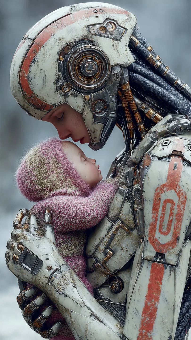 Ein Roboter in einer weißen, technischen Rüstung hält ein kleines Kind in einer pinkfarbenen Jacke und Mütze. Der Roboter und das Kind berühren sich zart mit ihren Köpfen, es herrscht eine emotionale Verbindung zwischen ihnen.