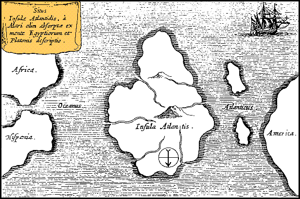 Historische Karte der verschollenen Kontinente Atlantis,Taprobana, und Plataea mit alten Schiffsillustration im oberen rechten Eck.