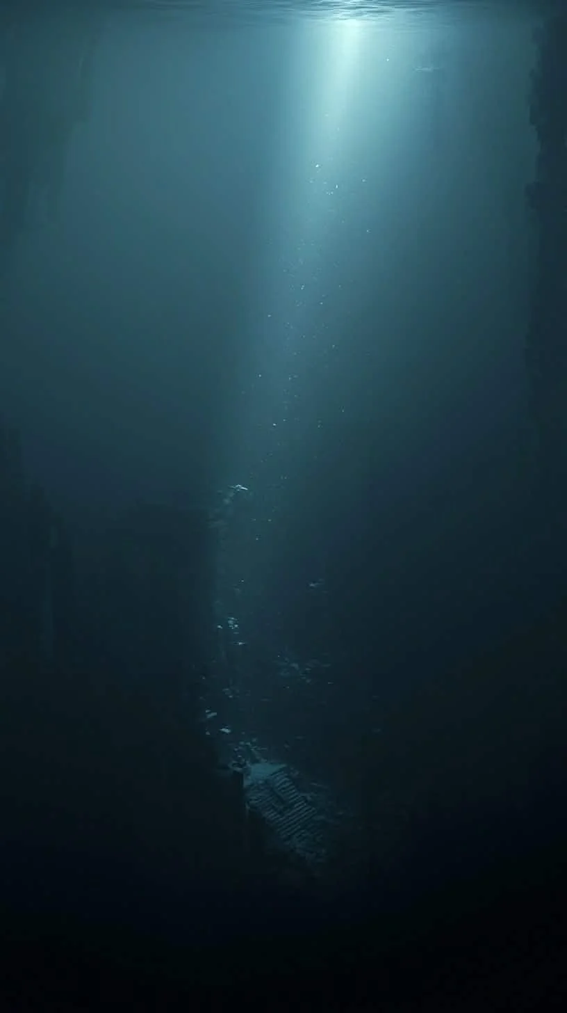 Blick nach unten in eine dunkle Wasserwelt mit Lichtstrahl von oben, Bläschen und einem Gegenstand am Boden.