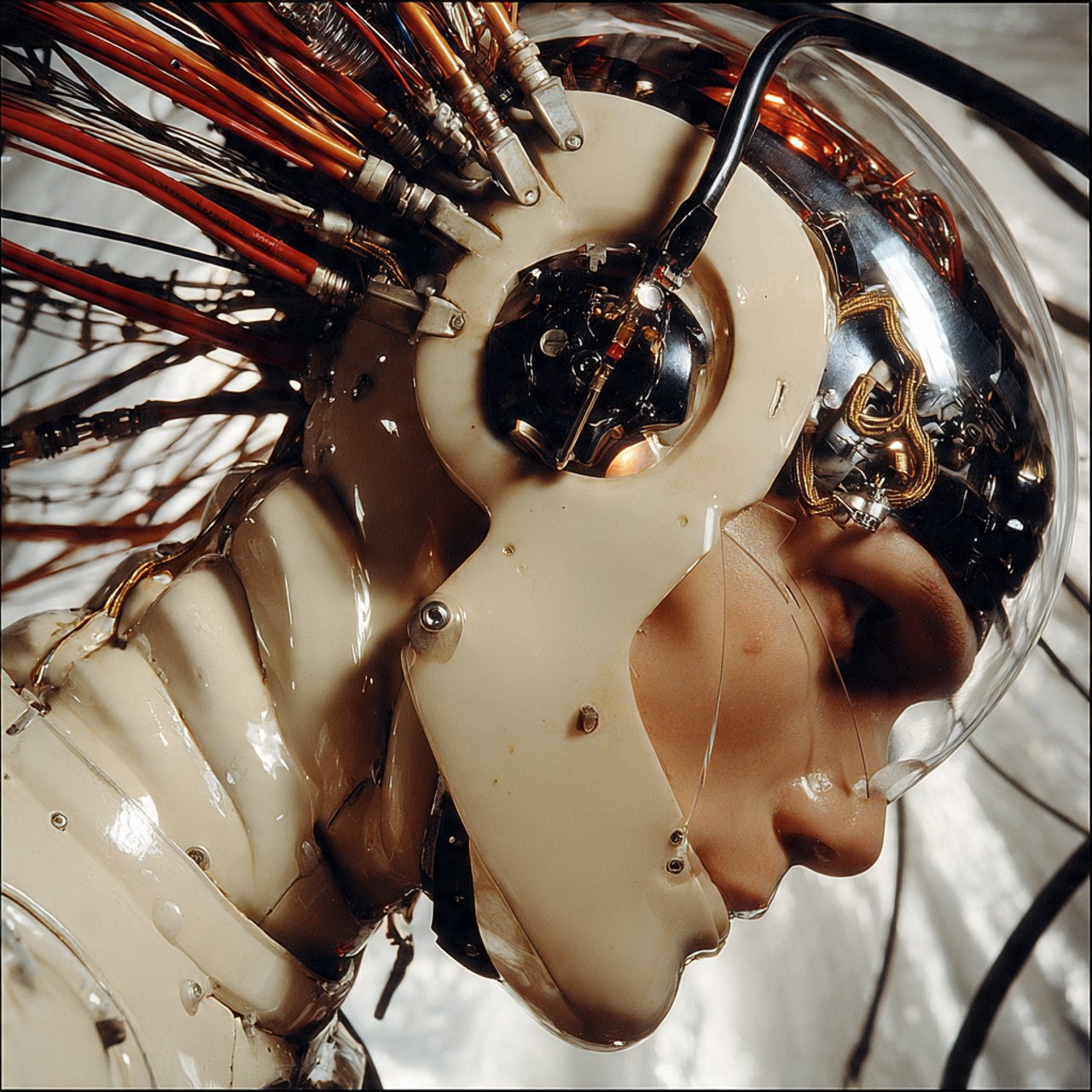 Ein Robotergesicht mit menschlichen Zügen, umgeben von mechanischen Komponenten und Kabeln.