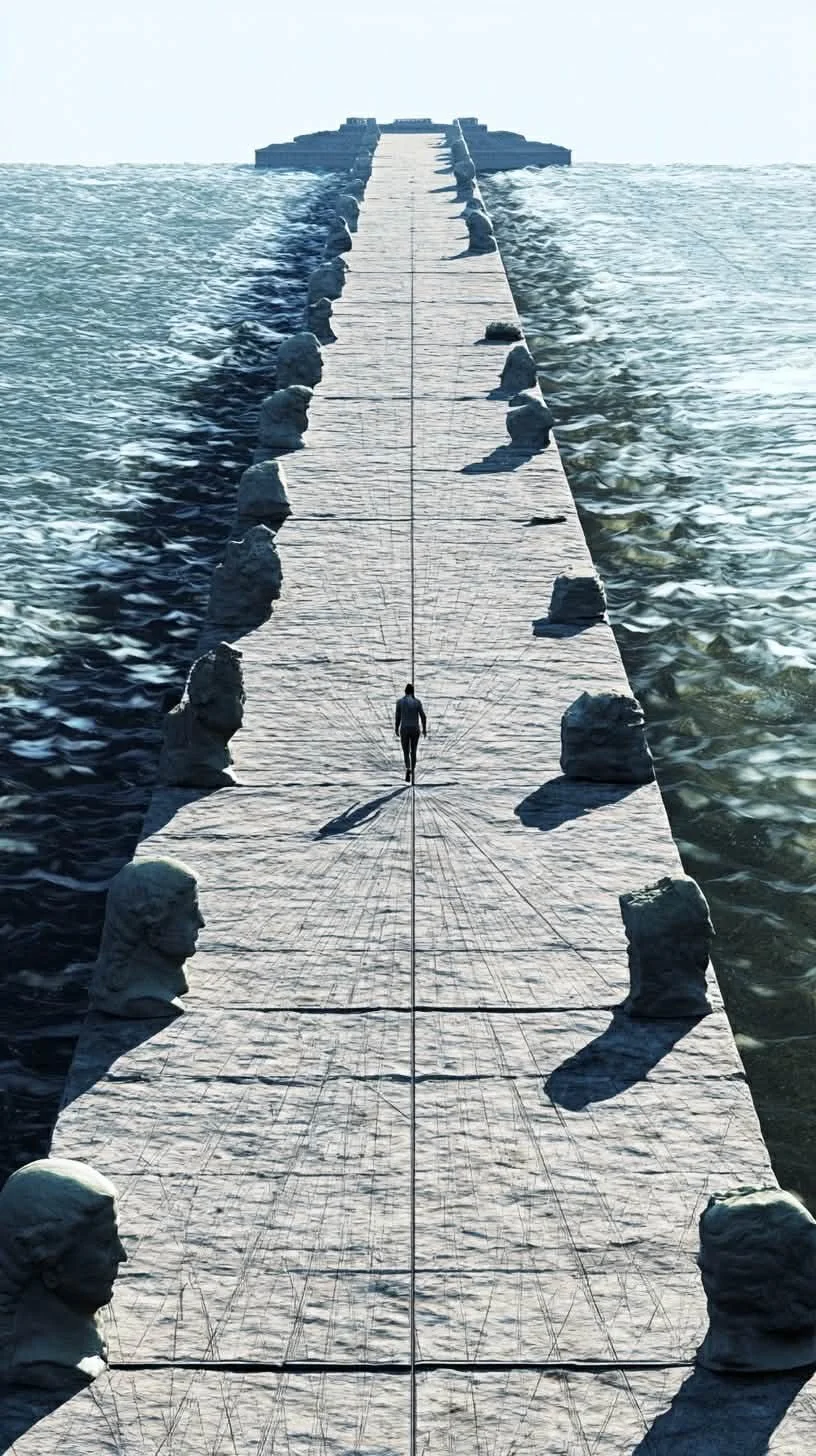 Ein menschlicher Schatten läuft auf einer langen, schlichten Brücke, die von Steinen flankiert ist, ins Horizont, bei dem Wasser auf beiden Seiten der Brücke fließt.