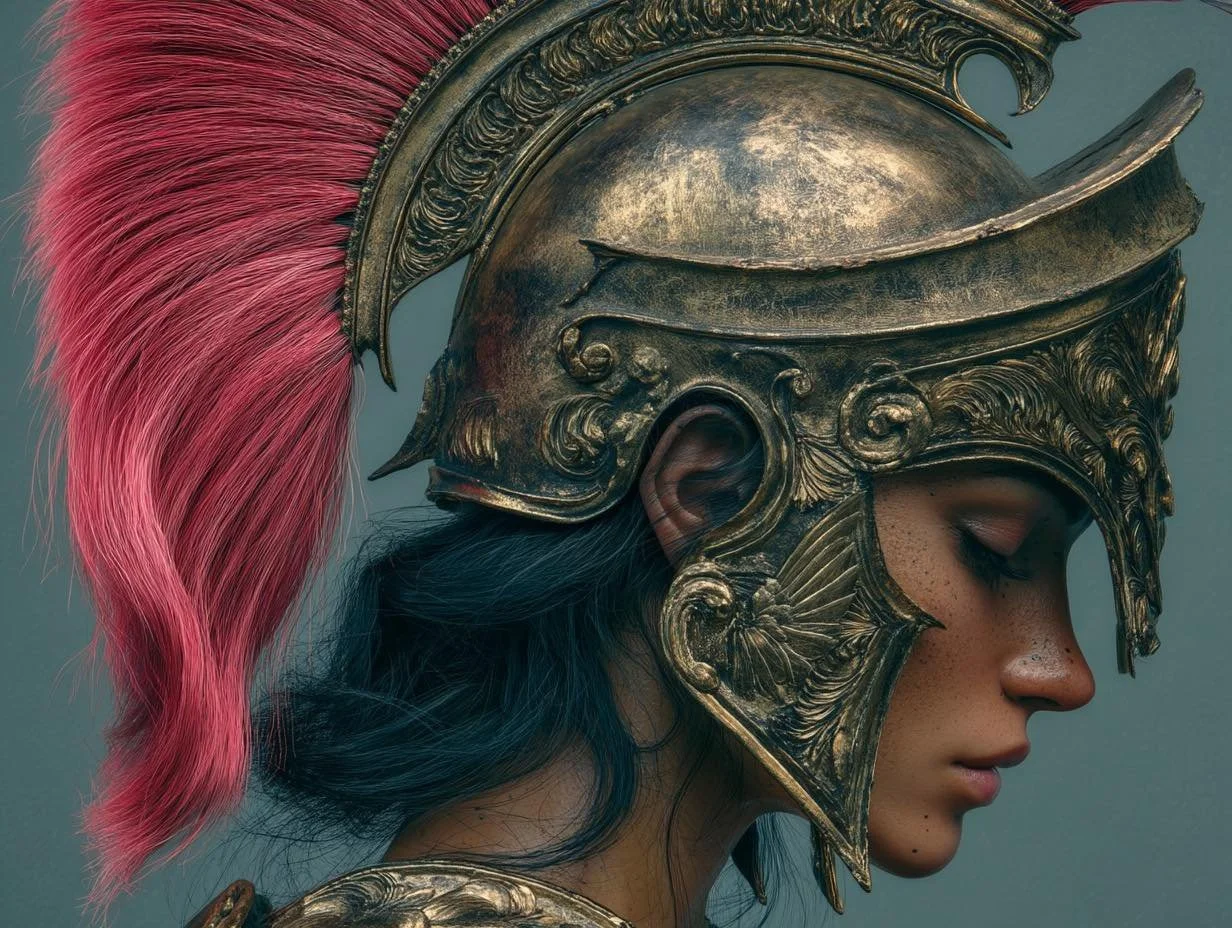 Eine junge Frau trägt einen antiken, goldfarbenen Helm mit roten Federn und blauer Haar. Sie hat geschlossene Augen und Sommersprossen.