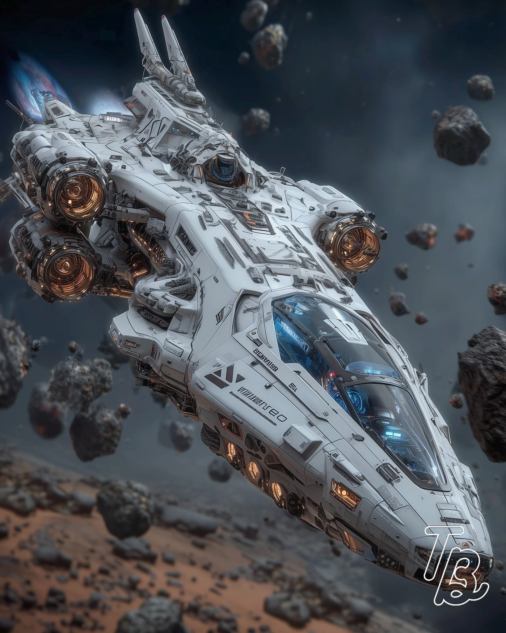 Raumschiff fliegt durch Asteroiden im Weltraum.