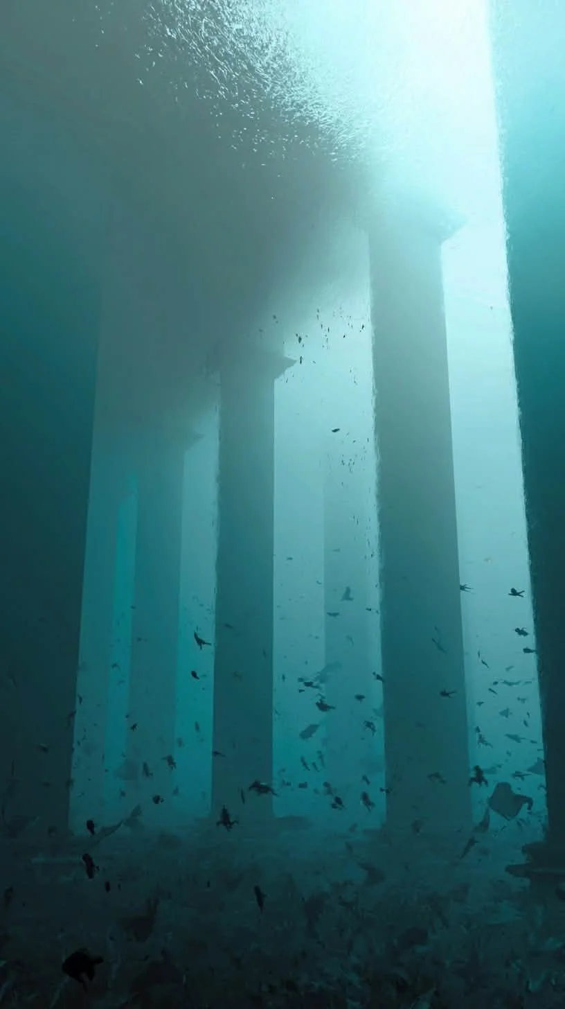Unterwasseraufnahme mit großen, schwebenden Mauerpfeilern, dunkler Meeresboden und Schwärmen von Fischen.