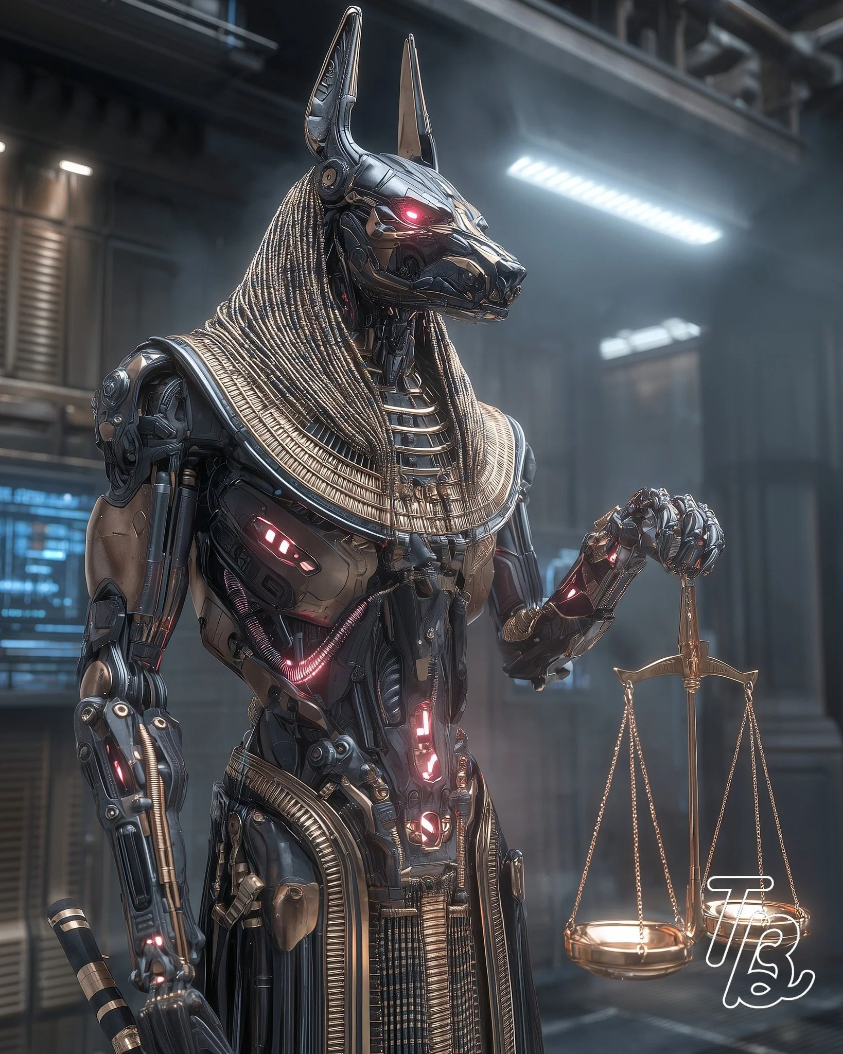 Eine humanoide Roboter-Statue mit einem ägyptischen Hundekopf, die rotes Licht in den Augen hat, trägt eine goldene kaskadenähnliche Halskrause und hält eine goldene Waage. Das Bild hat eine futuristische wissenschaftliche Umgebung.