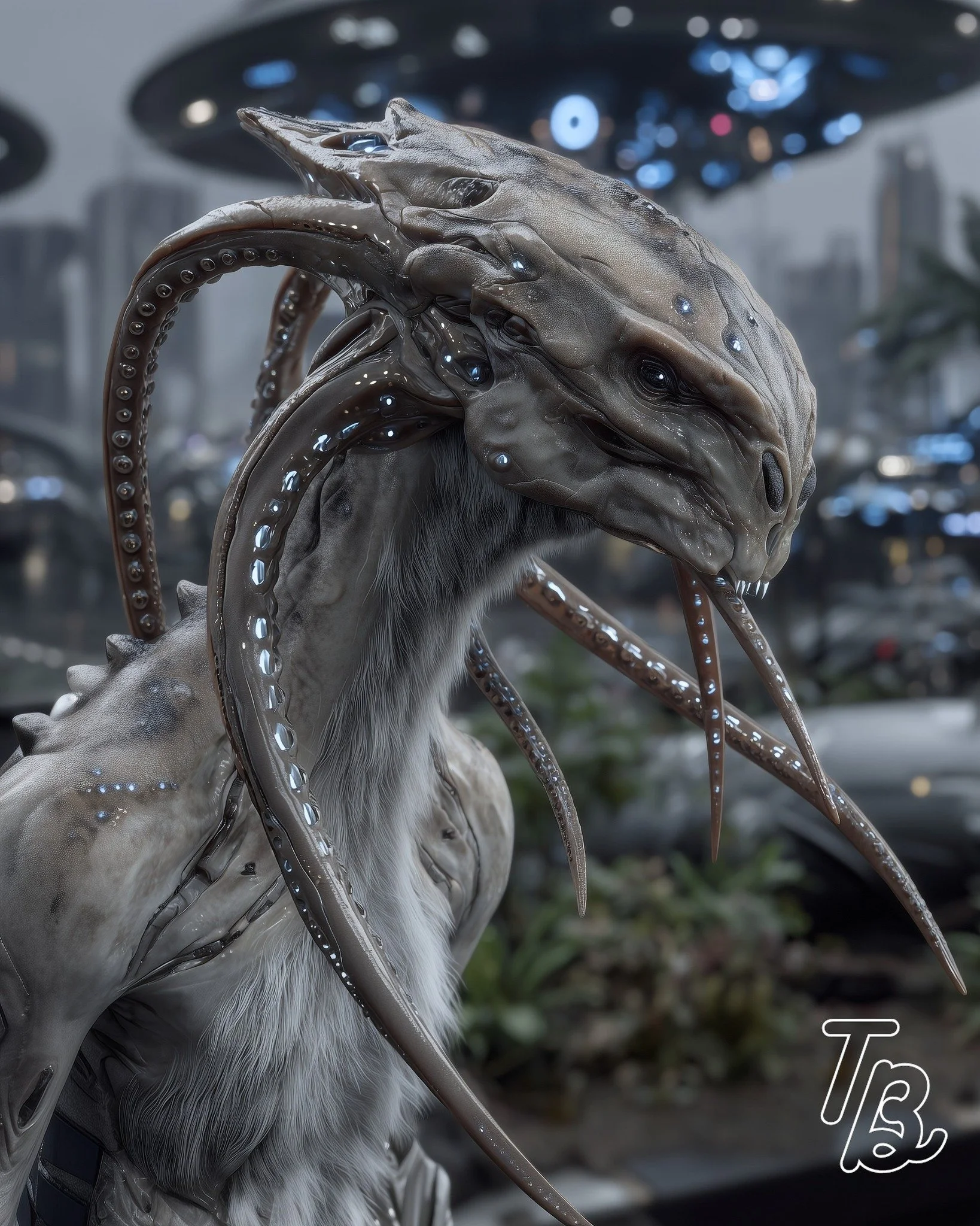 Ein futuristisches, außerirdisches Wesen mit einem Hundeschnauzenkopf und mehreren Tentakeln. Es hat eine glänzende, grau-braune Haut mit kleinen blauen Lichtsiegen und ist in einer urbanen, hochtechnologischen Umgebung. Das Bild hat einen dunklen, t