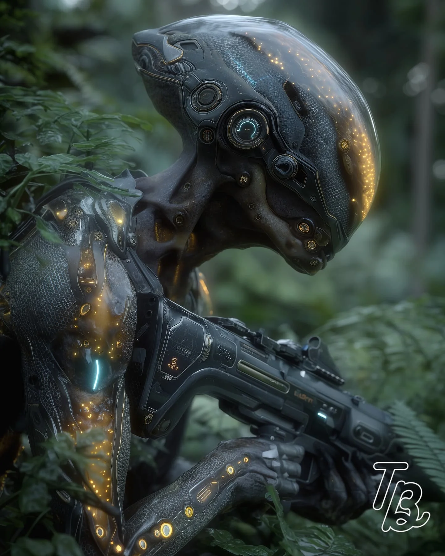 Ein hochmodernes, futuristisches Android mit leuchtenden Elementen, das in einem grünen Dschungel eine Waffe hält.