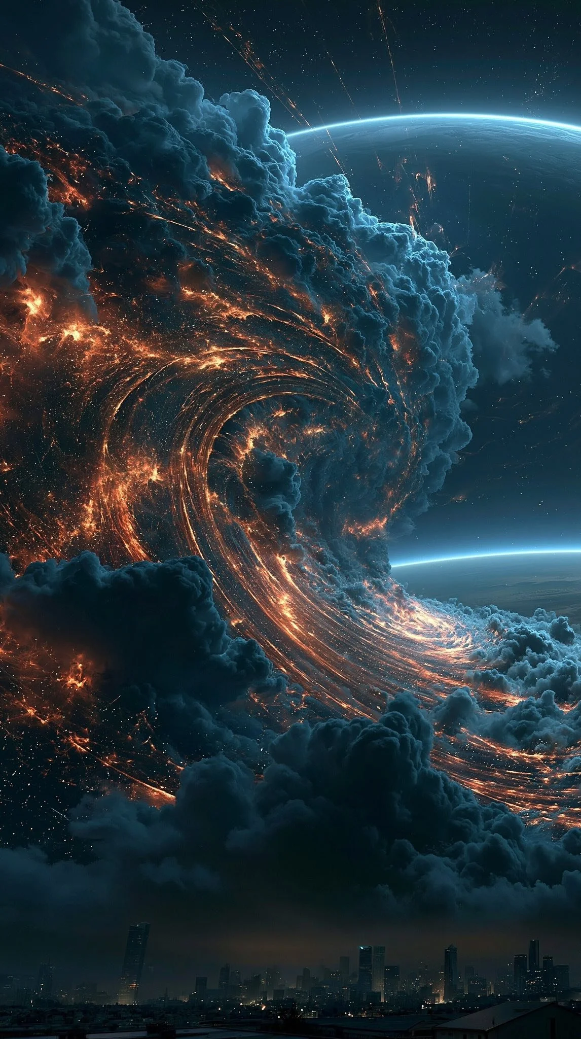 Ein futuristisches Kunstwerk zeigt eine gigantische, spiralförmige Wolkenformation mit orangefarbenen Lichtern, die vom Himmel über einer Stadt mit hohen Gebäuden leuchten, während die Erde im Hintergrund sichtbar ist.