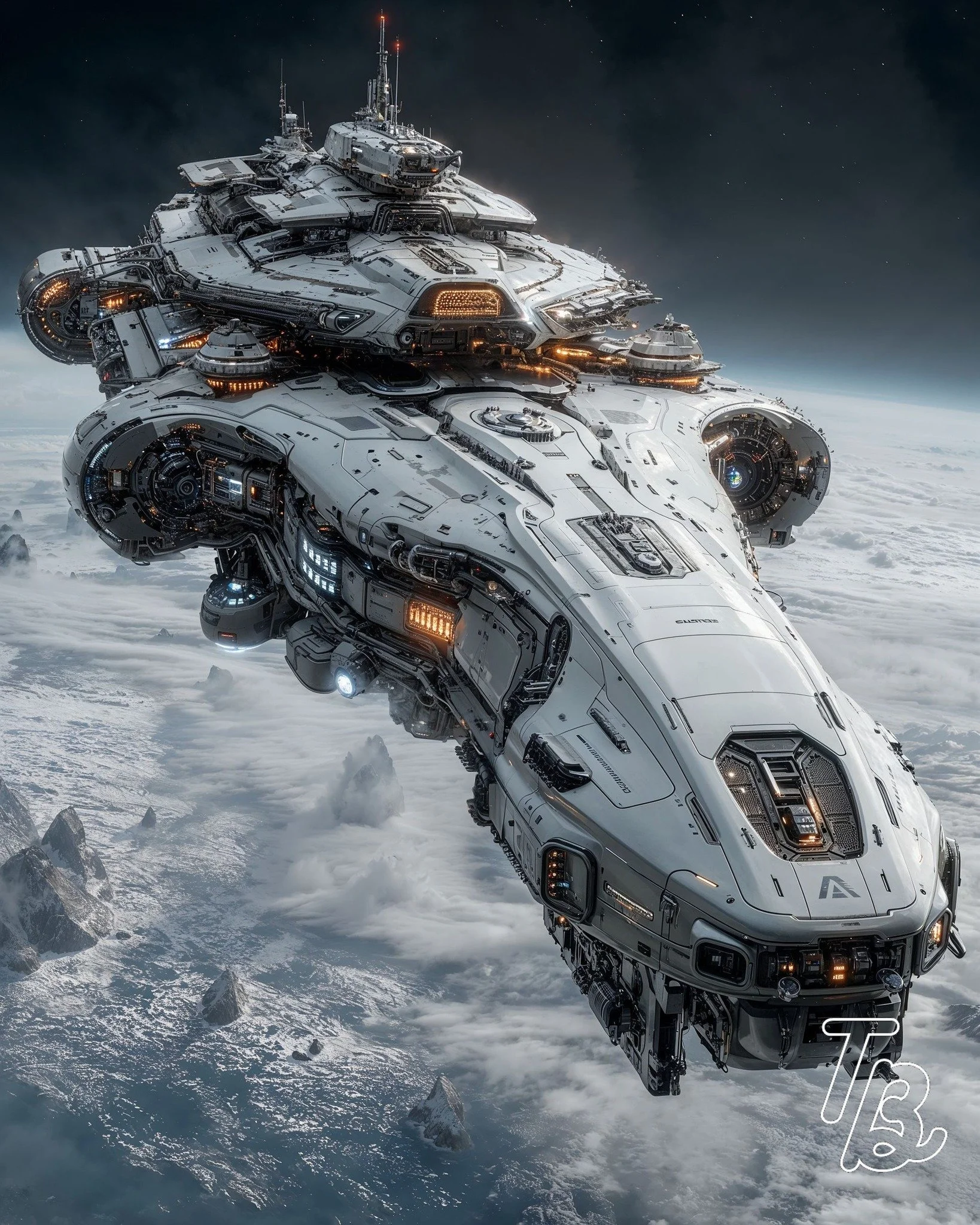 Ein futuristisches Raumschiff schwebt über einer eisbedeckten Welt im All mit Sternenhimmel im Hintergrund.