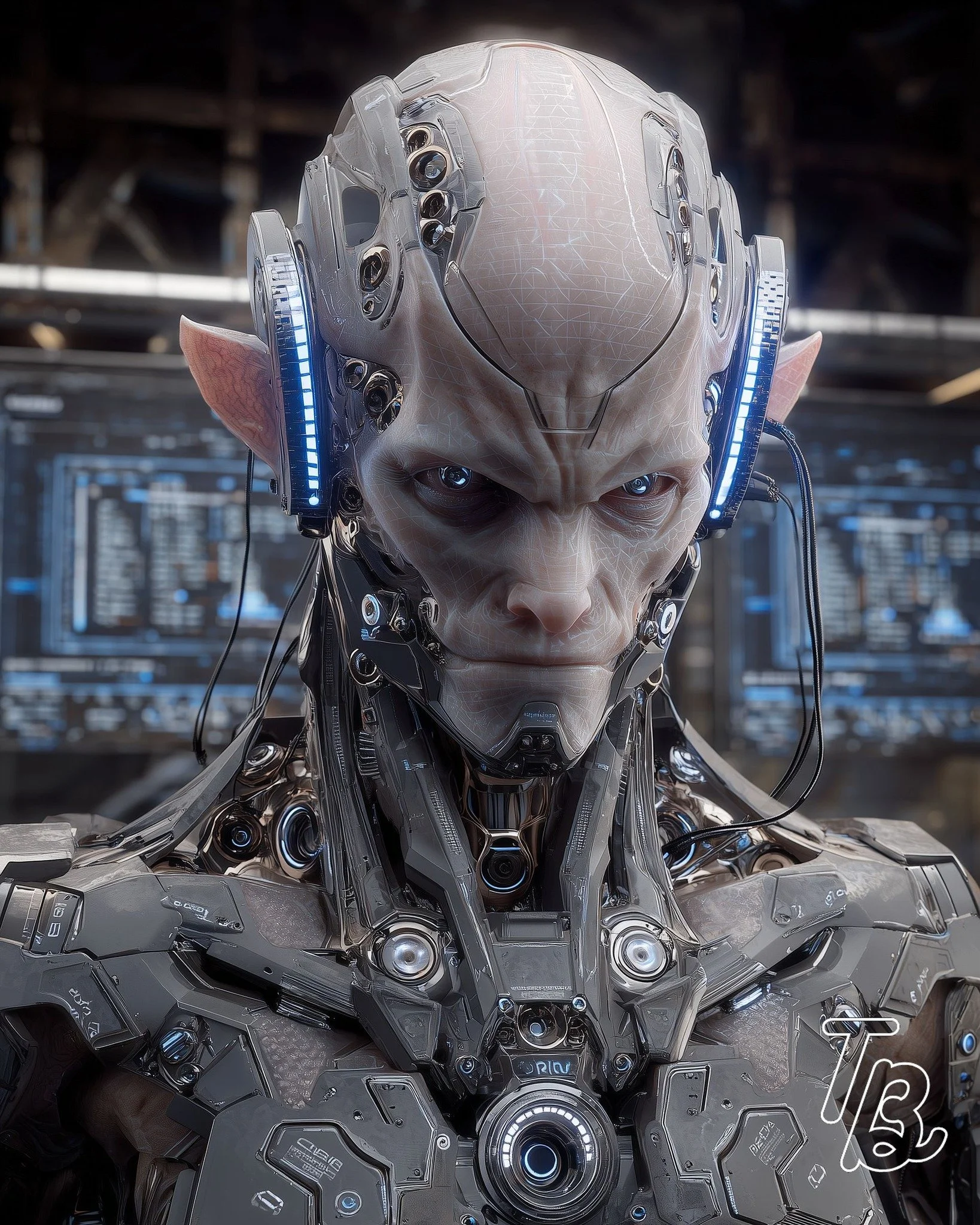 Ein humanoider Roboter mit einem futuristischen Design, der einen Kopf mit spitzen Ohren trägt, in einer technologischen Umgebung mit digitalen Bildschirmen im Hintergrund.