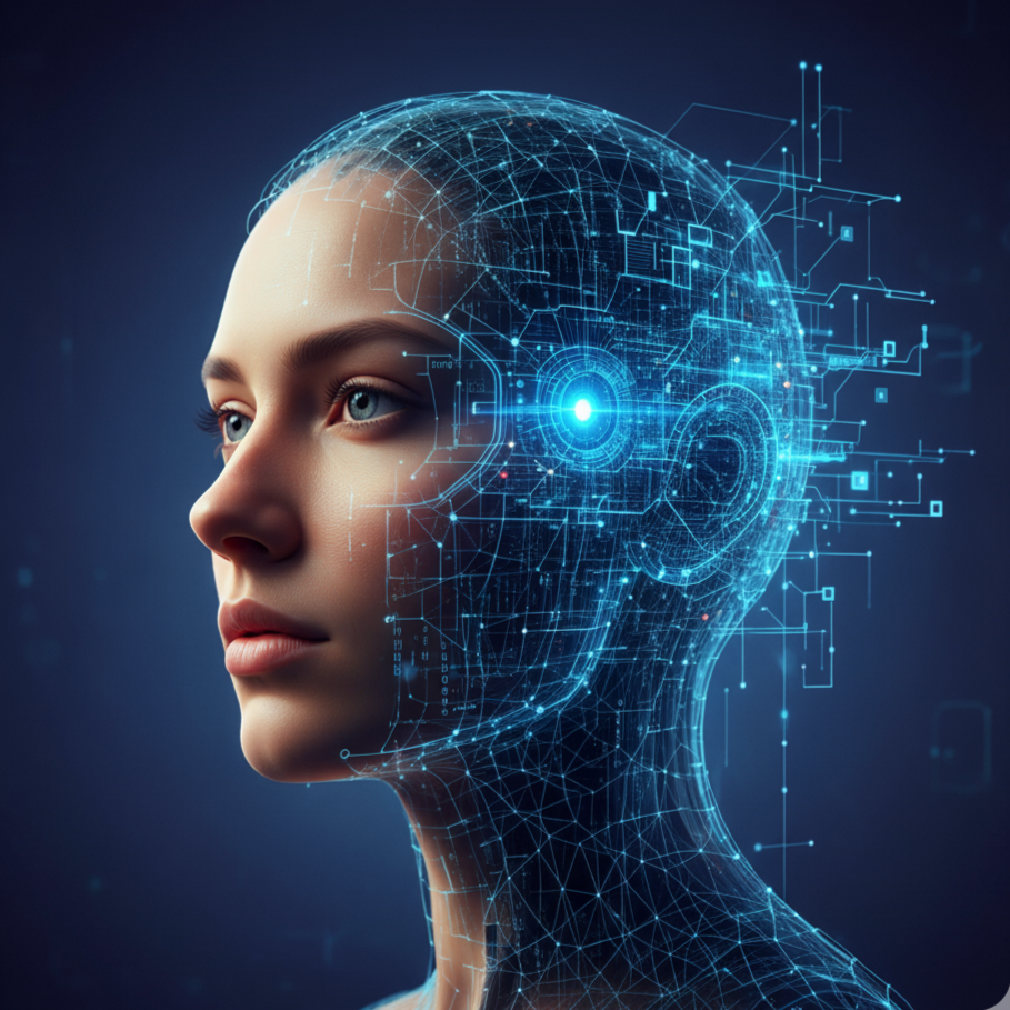 Digitaler Charakter mit einer holographischen Darstellung des Gehirns und technischer Daten, symbolisiert Künstliche Intelligenz und menschliche Intelligenz.