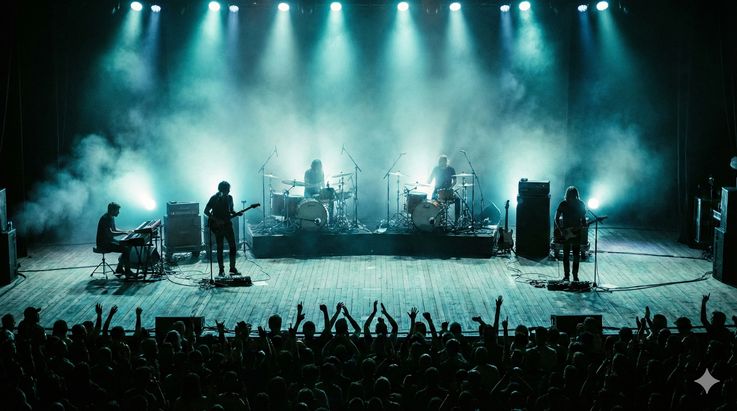 Eine Band spielt auf einer Bühne mit Rauch, während das Publikum zusieht und applaudiert.