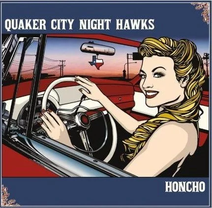 Illustration einer lächelnden Frau am Steuer eines Autos, mit dem Text 'Quaker City Night Hawks' und 'Honcho' im Retro-Design.