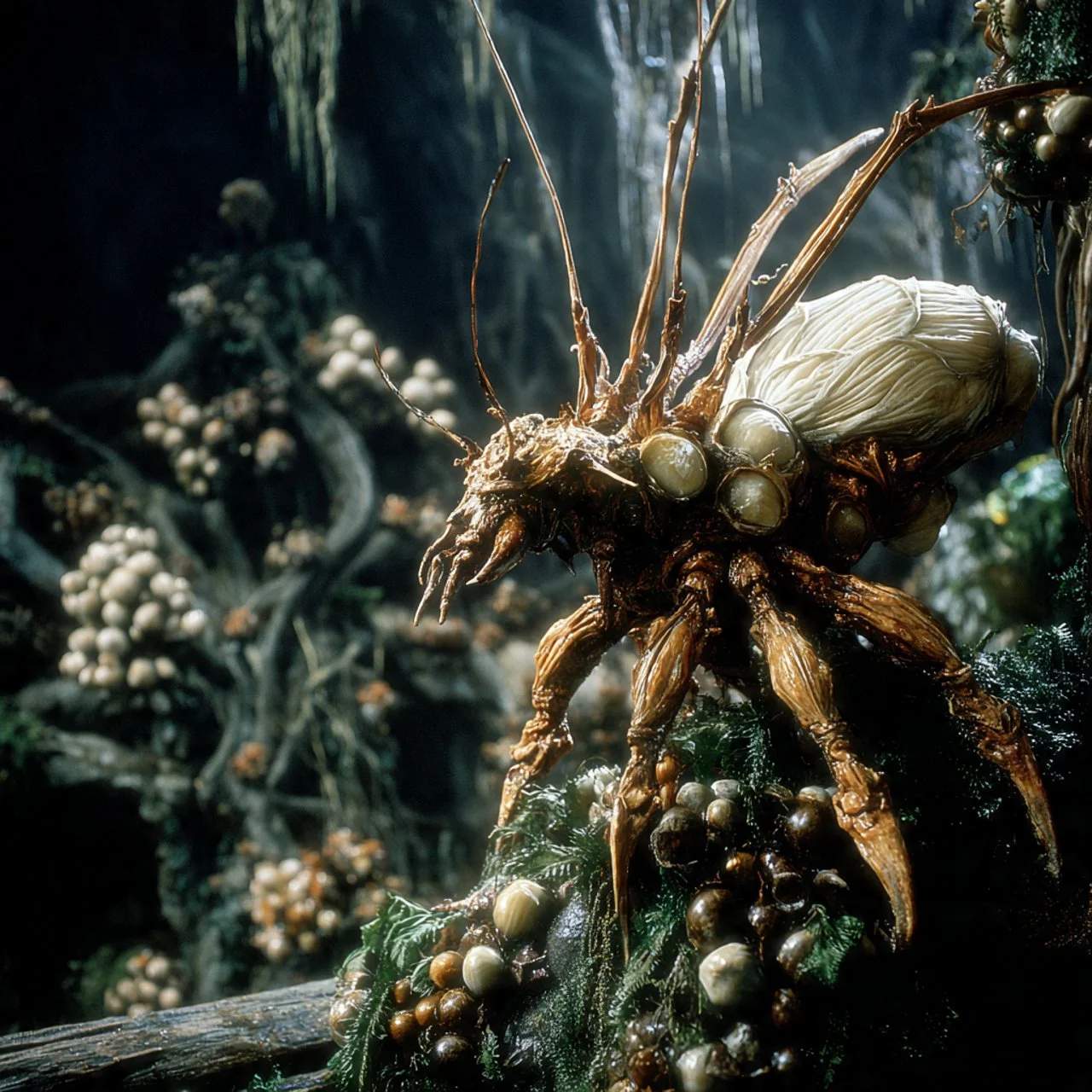 Eine riesige Spinne aus essbaren Zutaten, die in einer Fantasy-Welt dargestellt wird, mit einer dunklen, mysteriösen Hintergrundkulisse.