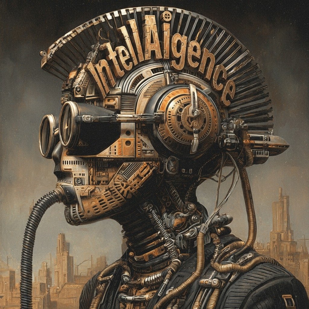 Ein futuristischer Roboter mit einem menschlichen Kopf und mechanischen Komponenten, der im dystopischen Hintergrund steht.