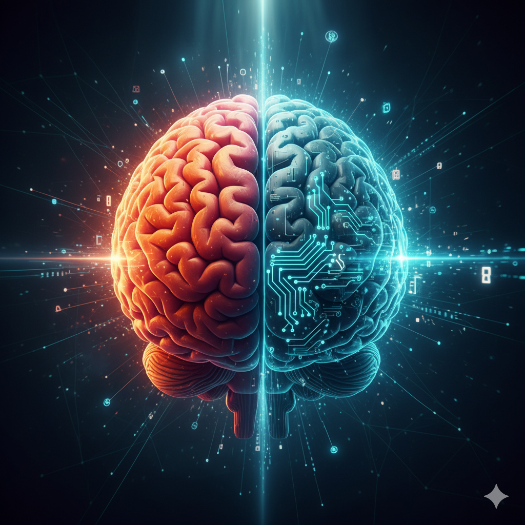 Ein halb menschliches Gehirn, das auf der linken Seite biologisch dargestellt ist und auf der rechten Seite digitalisiert mit Schaltkreisen, um die Verbindung zwischen menschlicher Intelligenz und künstlicher Intelligenz zu symbolisieren.