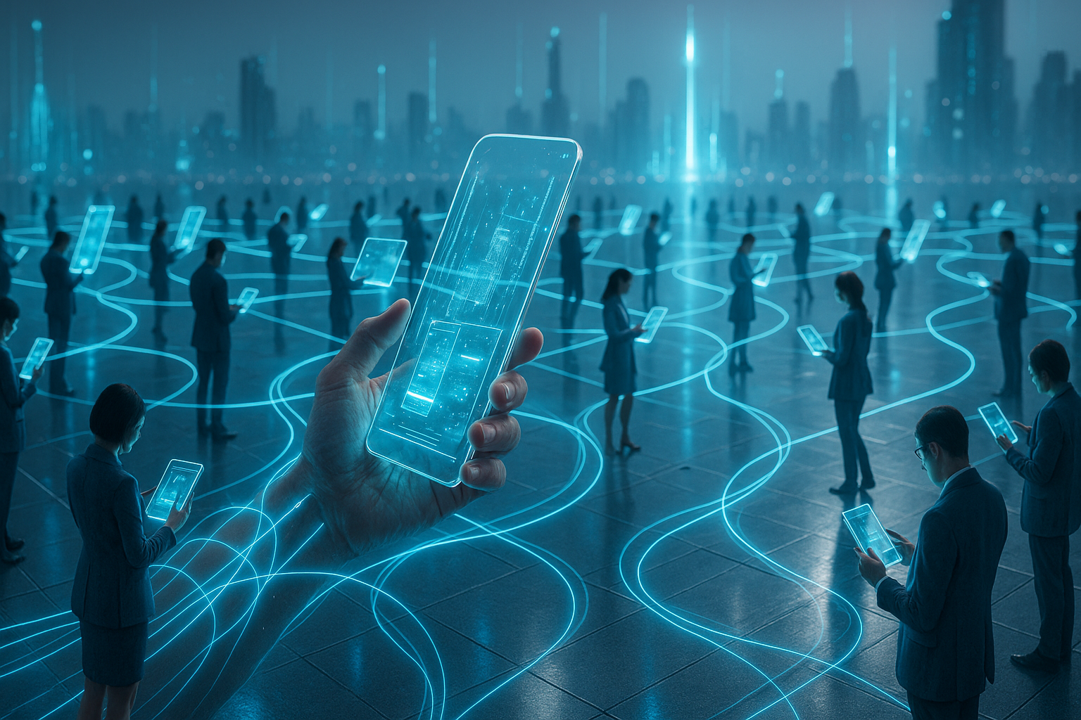Eine futuristische Szene mit Menschen in Anzügen, die auf Tablets schauen, verbunden durch leuchtende Linien, im Hintergrund eine Stadt bei Nacht.