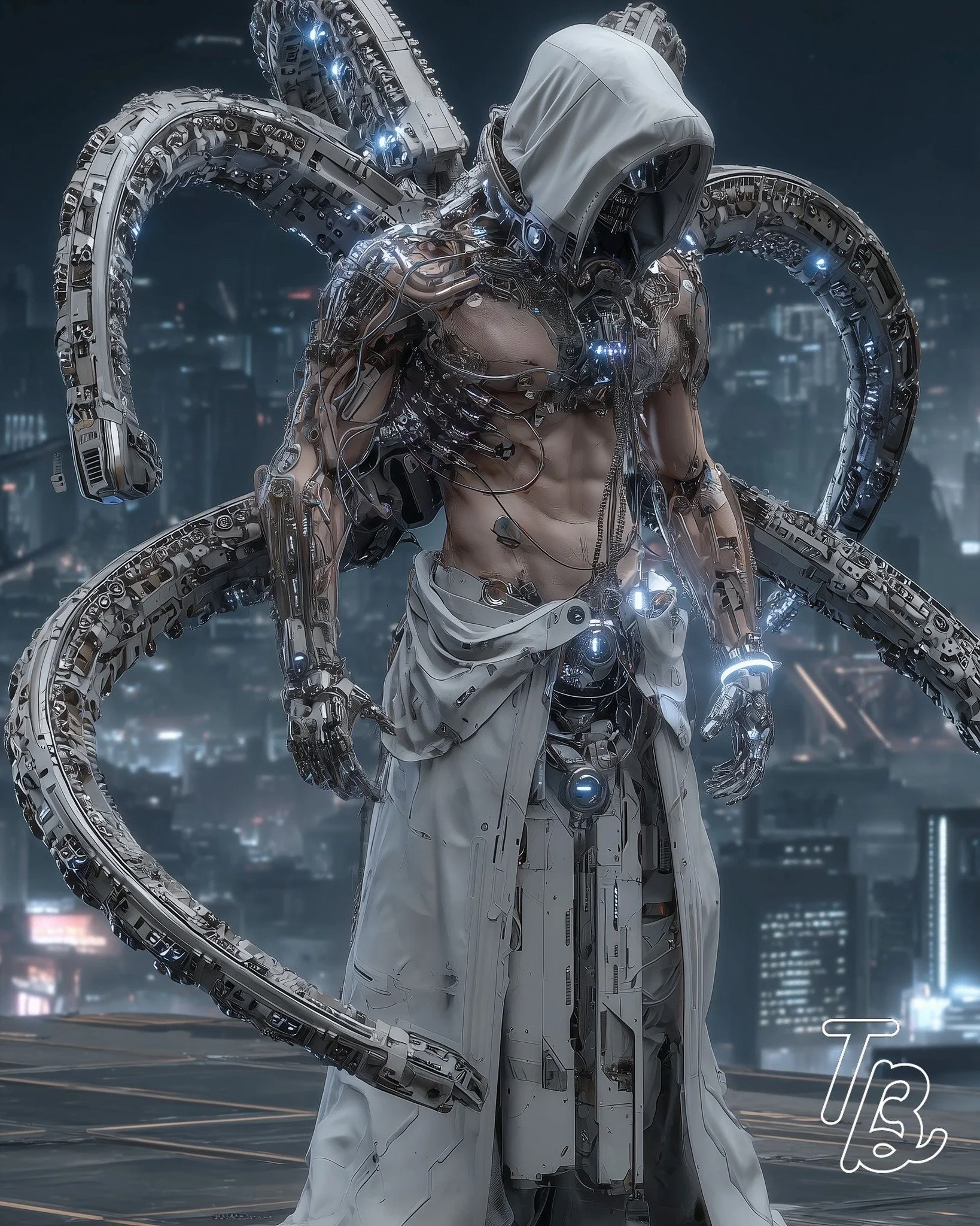 Ein futuristischer Roboter mit menschlichem Oberkörper und mehreren mechanischen Tentakeln, der einen weißen Kapuzenmantel trägt, vor einer städtischen Skyline bei Nacht.