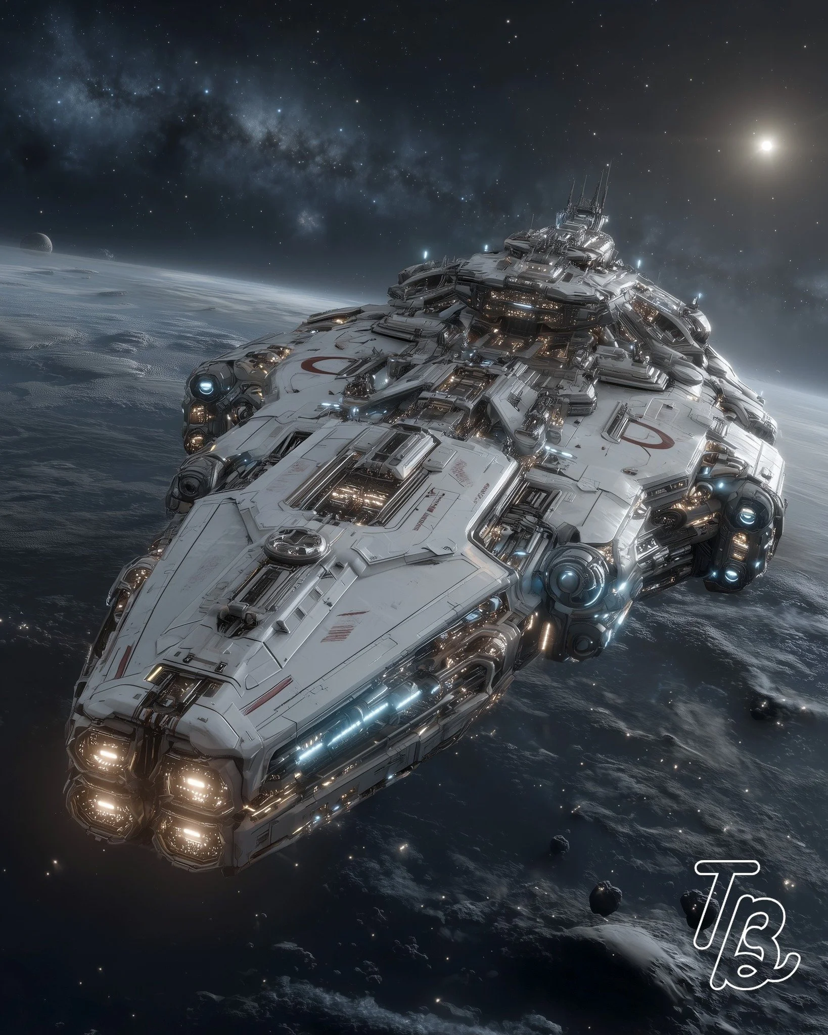 Ein futuristisches Raumschiff in der Umlaufbahn über der Erde, mit Sternen und dem Milchstraßenspektrum im Hintergrund.