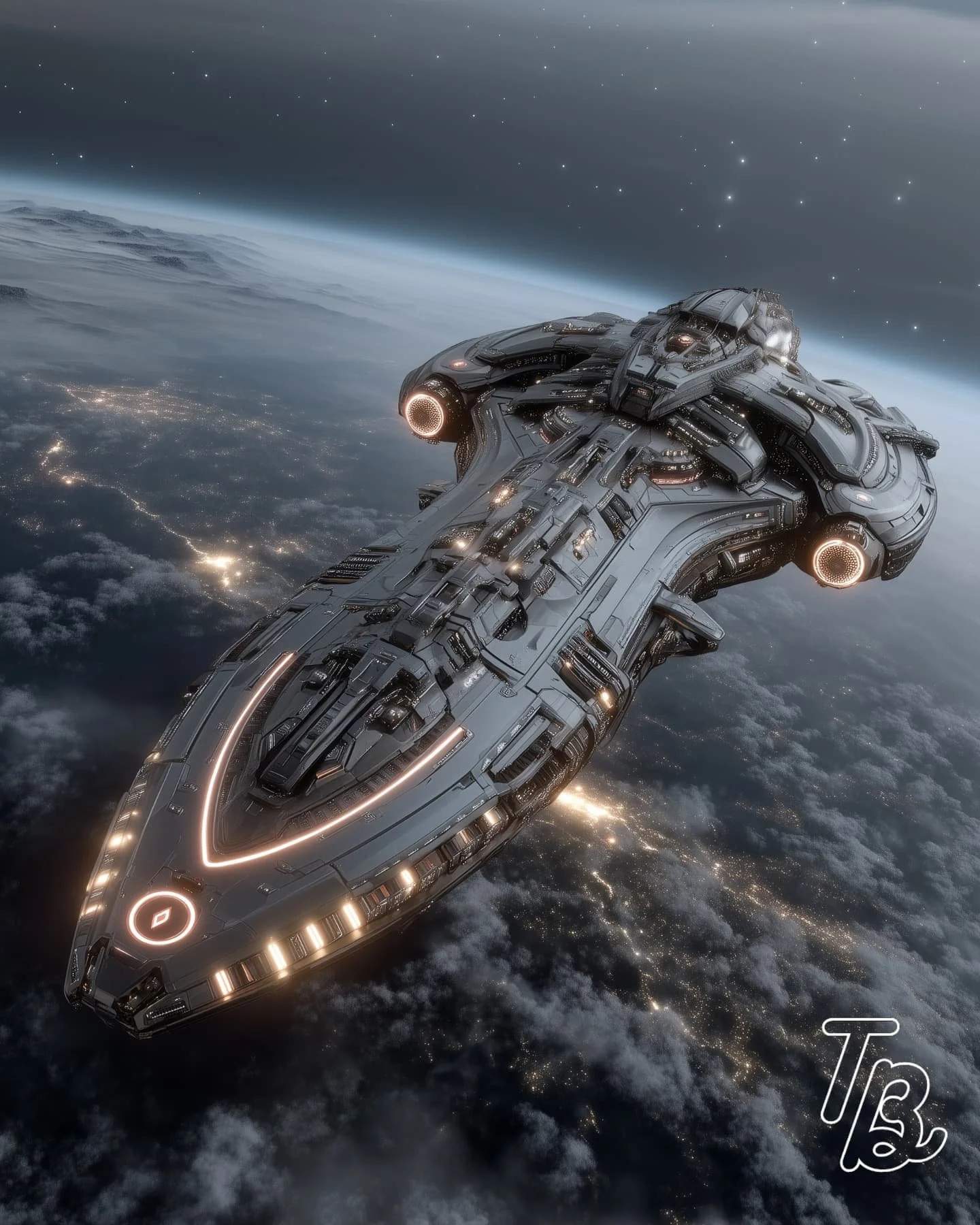 Ein futuristisches Raumschiff fliegt über die Erde im Weltraum.