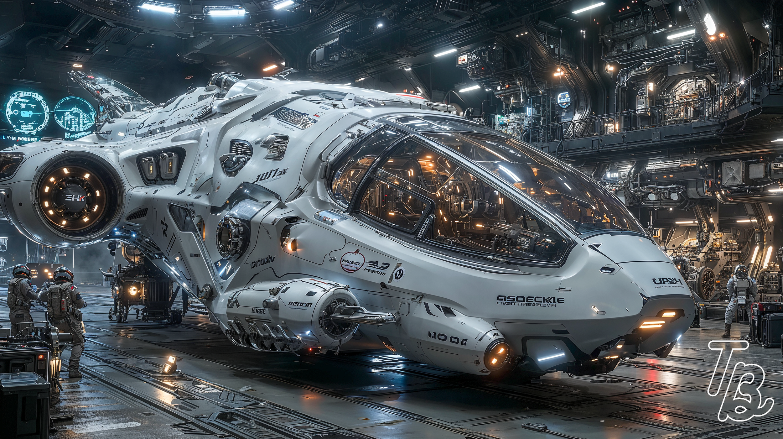 Ein futuristisches Raumschiff im Hangar, umgeben von Bodenpersonal und Technik, mit hellen Lichtern und komplexen Anlagen im Hintergrund.