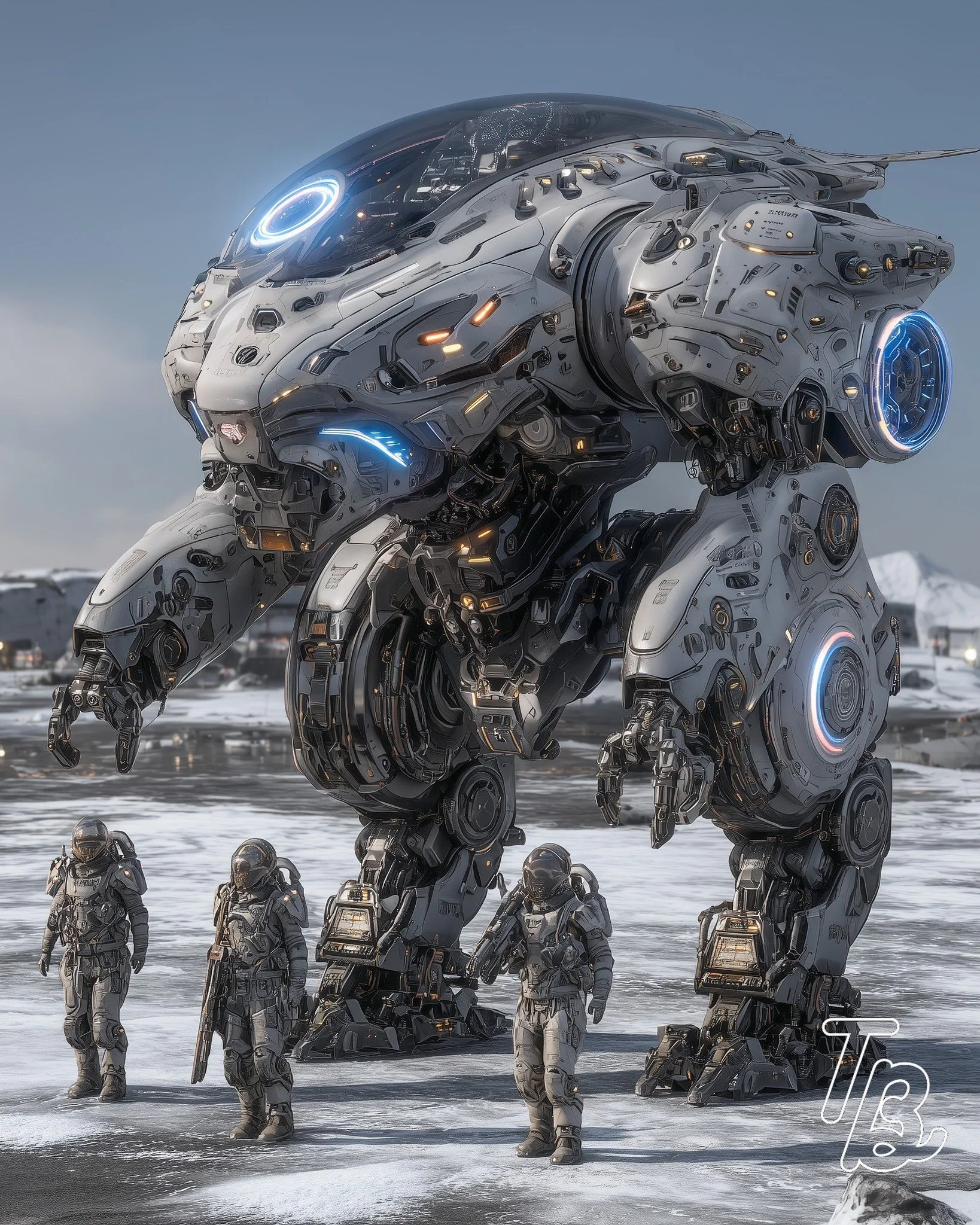 Ein riesiger, futuristischer Kampftitan mit einem metallischen, robotischen Design, umgeben von vier Soldaten in schützender Ausrüstung auf einer verschneiten Landschaft.