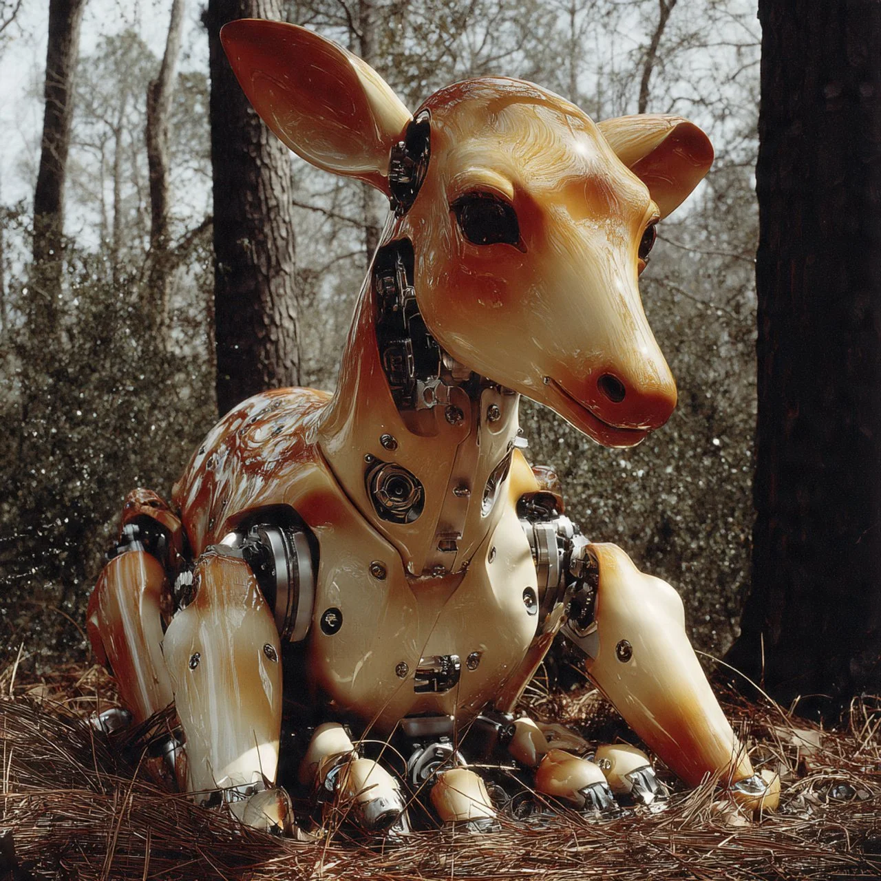 Ein roboterartiges Tier mit einem Schädel, der einem Hund ähnelt, in einem Wald. Es besteht aus glänzenden, filigranen Metall- und Kunststoffteilen und ist in einer sitzenden Haltung auf dem Boden im Laub.