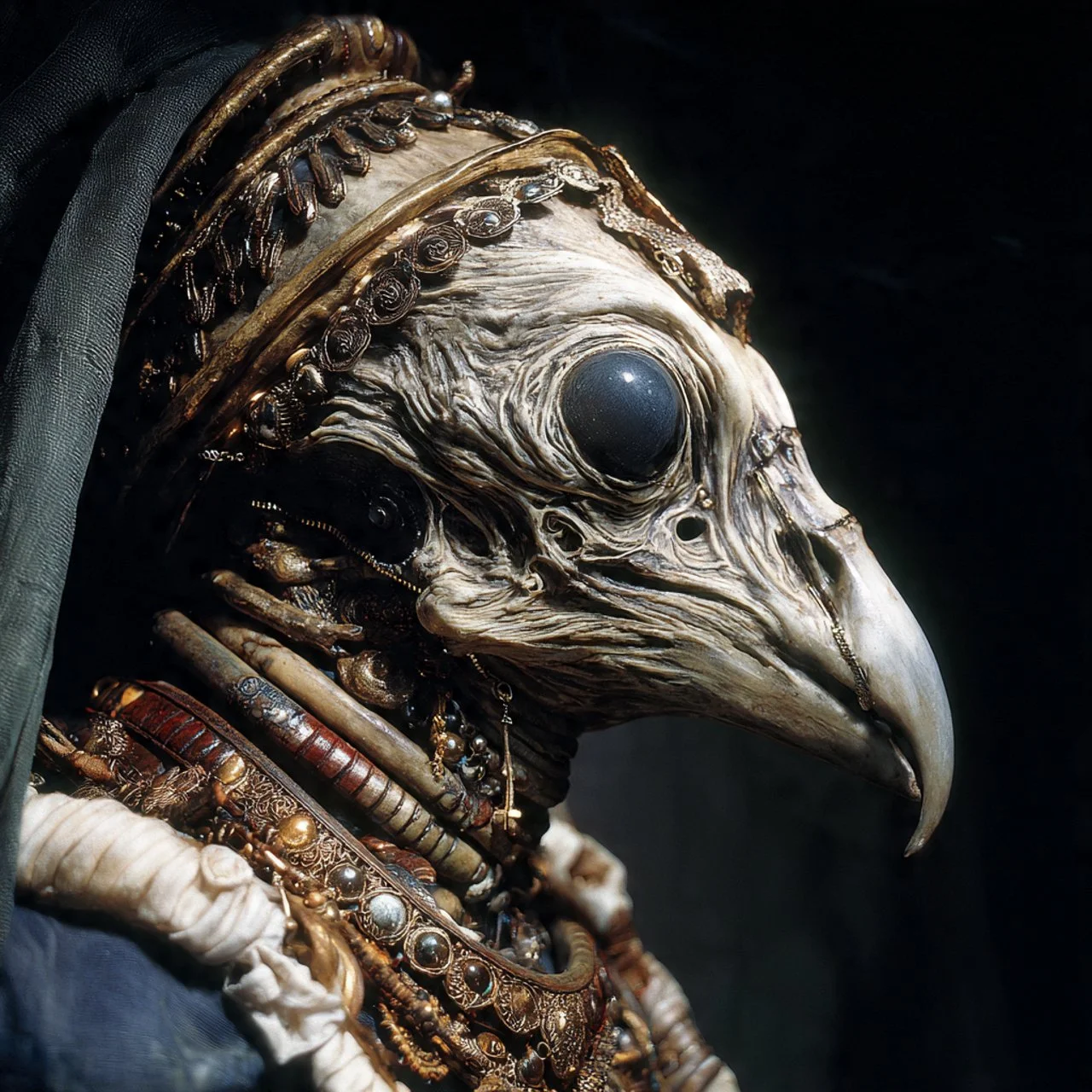 Ein menschliches Kostüm mit einer Vogelnase, die über einem dunklen Hintergrund getragen wird, verziert mit Schmuck und Stoffen.