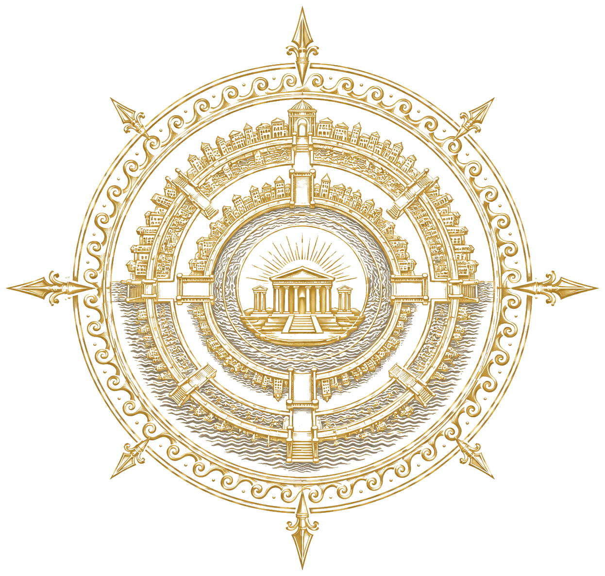 Ein goldenes Ornament zeigt eine künstlerische Darstellung von antiken Bauwerken und Stadtansichten, angeordnet in konzentrischen Kreisen auf schwarzem Hintergrund.