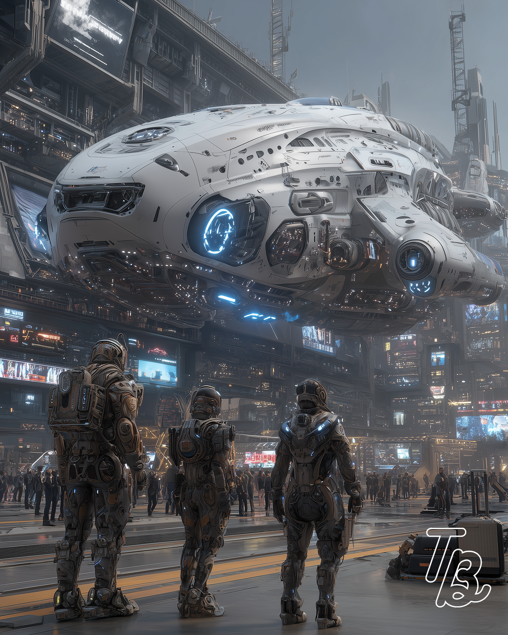 Futuristische Szene in einer Stadt mit großen, schwebenden Raumschiffen und Soldaten in hochentwickelten Anzügen, umgeben von zahlreichen Bildschirmen und Lichtern.