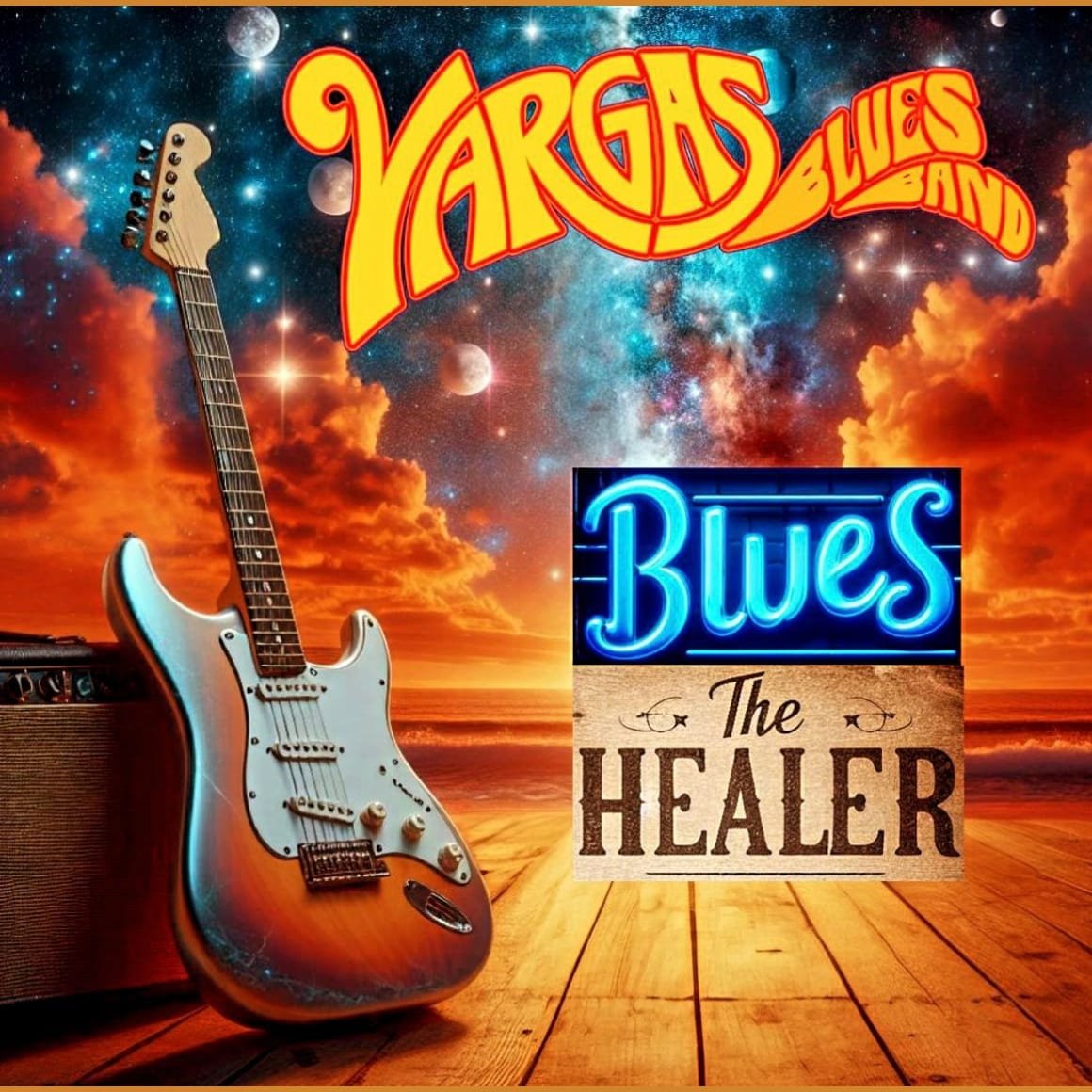 Ein Gitarrenspiegel mit Verstärker vor einer dramatischen Sonnenuntergangshimmel mit Wolken und Sternen. Der Text lautet »YARGHS BLUES« und »Blues The HEALER«.
