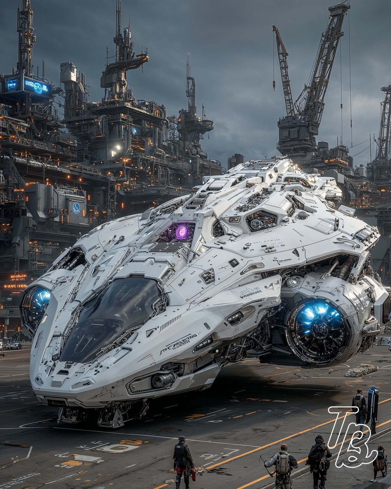 Ein futuristisches, weißes Raumschiff mit blauen Lichtern vor einer industriellen Kulisse aus Fabriken und Kränen, umgeben von Menschen.