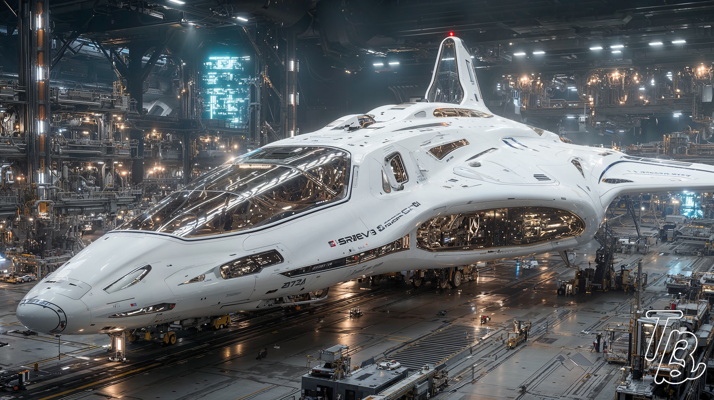 Ein futuristisches weißes Raumschiff im Hangar, umgeben von industriellen Anlagen und technischen Geräten.