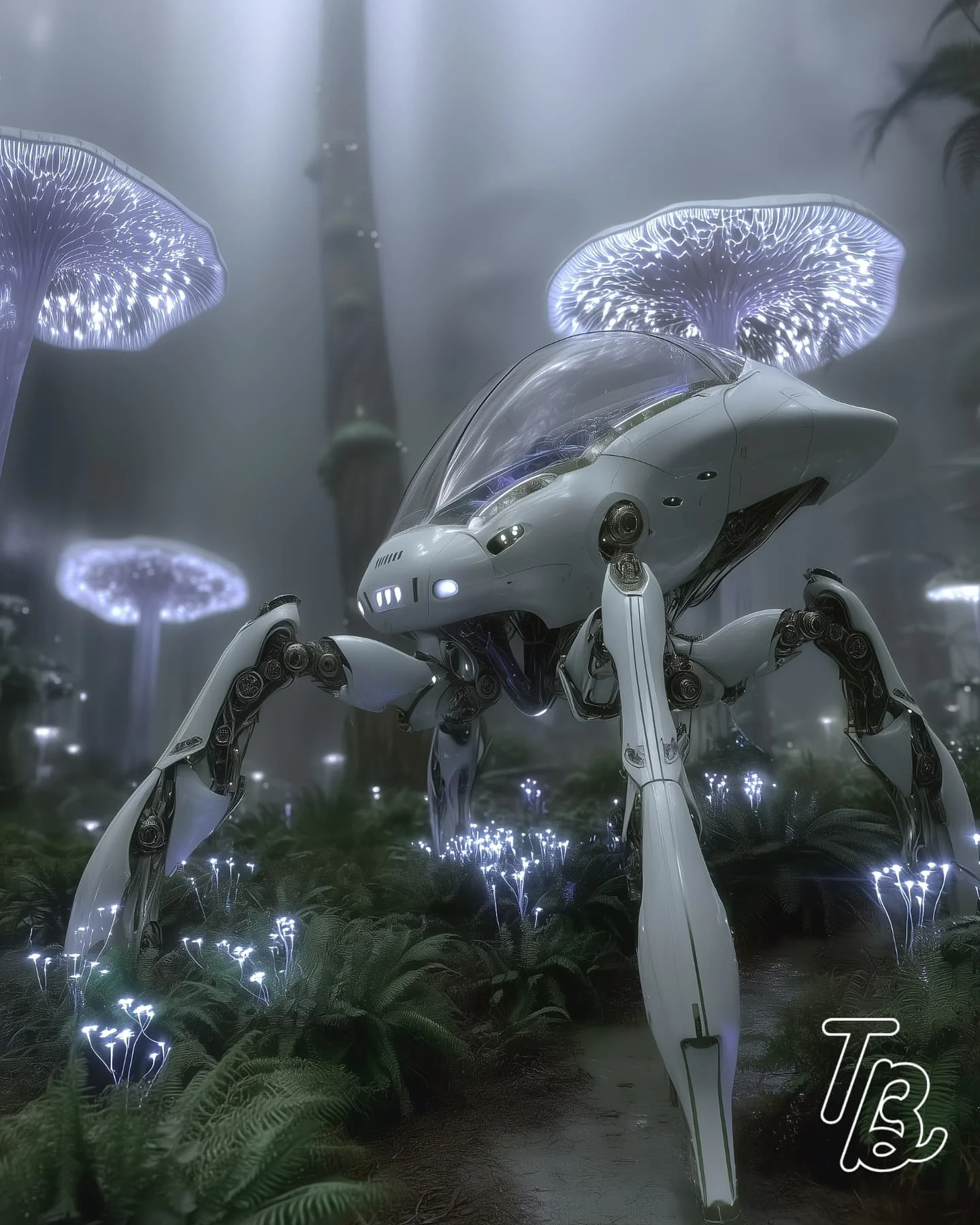Ein futuristischer Roboterrobben in einer mystischen, leuchtenden Pilzwälder-Umgebung mit phosphoreszierenden Pilzen und Pflanzen.