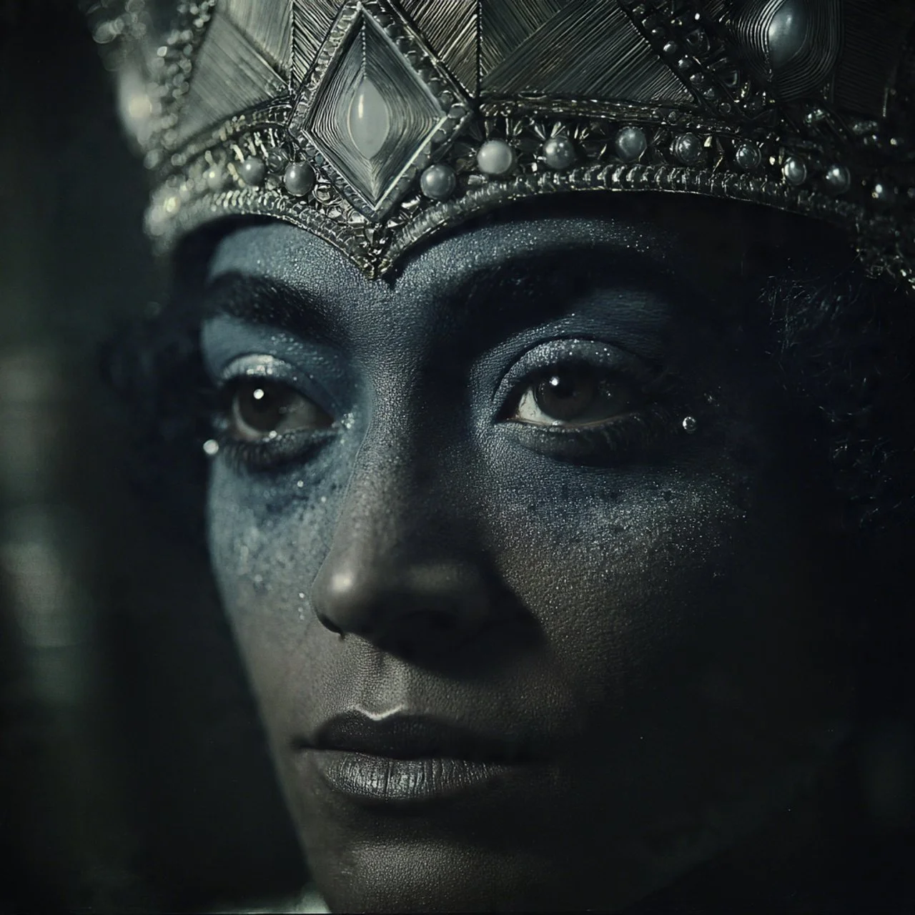 Nahaufnahme einer Skulptur eines weiblichen Gesichts mit silberner und schwarzer Farbgestaltung, getragenem Schmuck und einem kunstvollen Diadem.