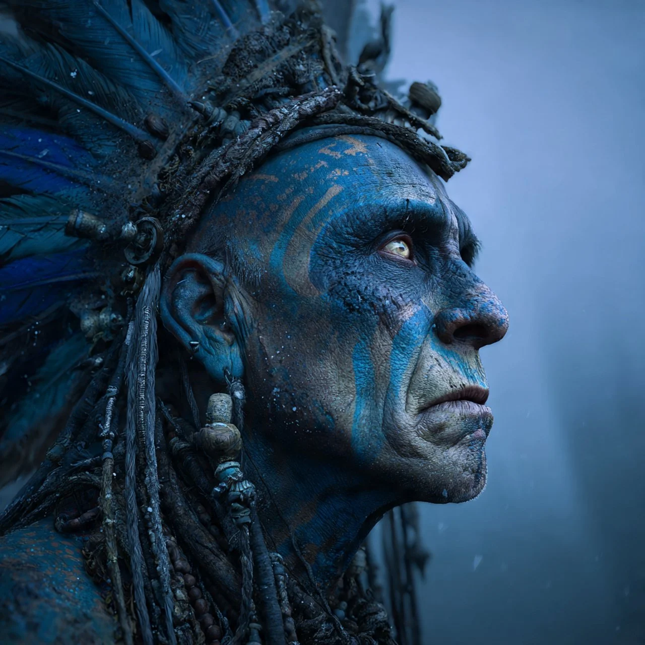 Nahaufnahme eines alten Mannes mit blauer Haut, traditioneller Verzierung im Gesicht und einem aufwändigen Federkostüm am Kopf.