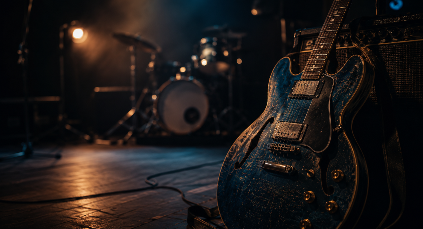 Ebenso auf einer Bühne; ein verblasster Fokus auf ein Schlagzeug im Hintergrund. Im Vordergrund liegt eine alte, ikonisch aussehende E-Gitarre mit einer blauen, verarbeiteten Oberfläche, neben einem Verstärker.