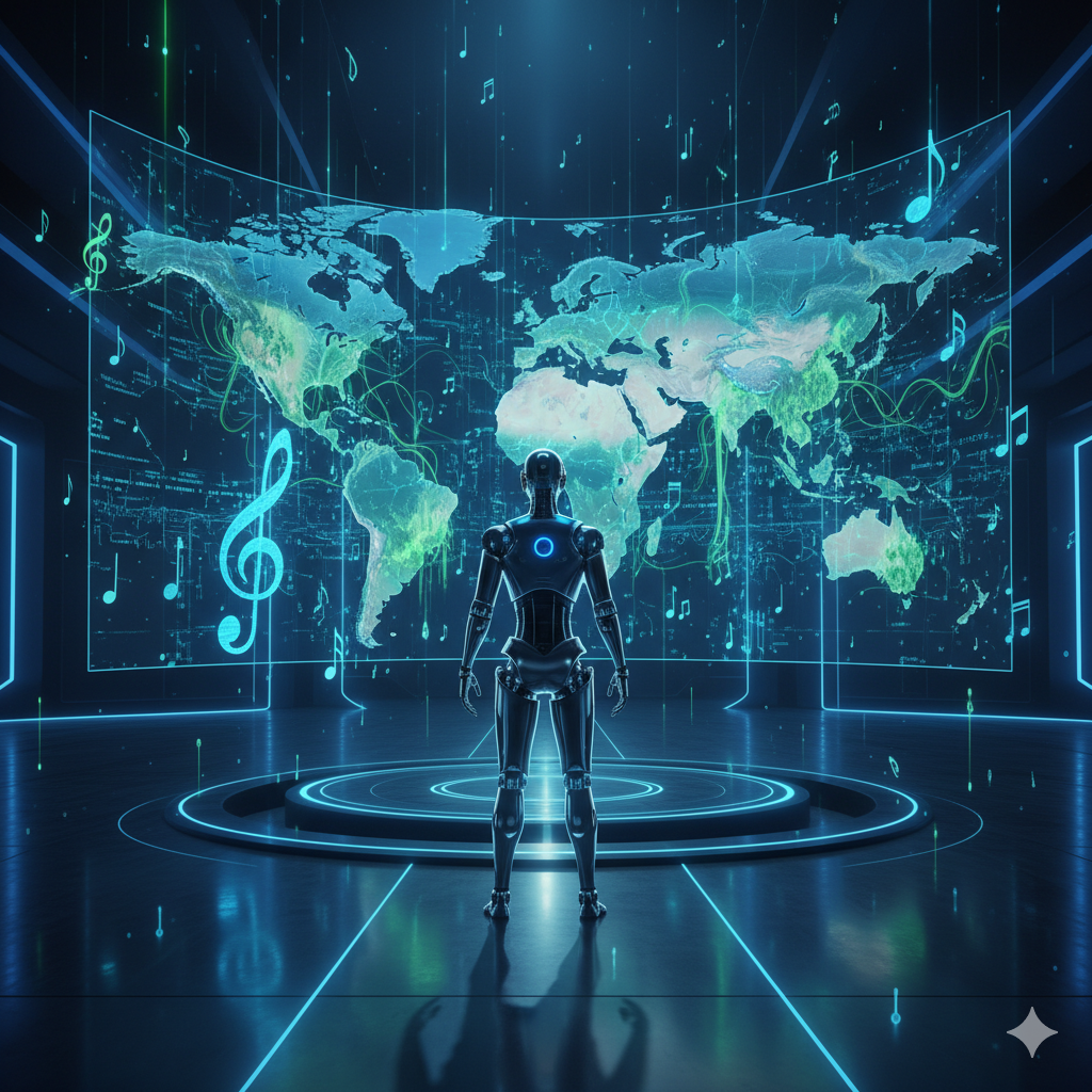 Ein humanoider Roboter steht in einem futuristischen Kontrollraum vor einer großen digitalen Weltkarte mit Musiknoten umgeben.