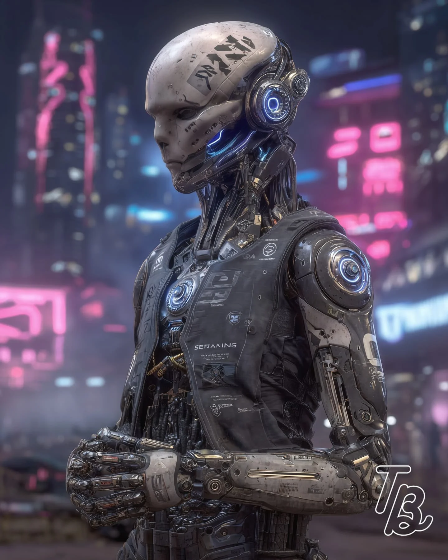 Ein humanoider Roboter in einer futuristischen Stadt bei Nacht, mit leuchtenden blauen Elementen und Neonlichtern im Hintergrund.