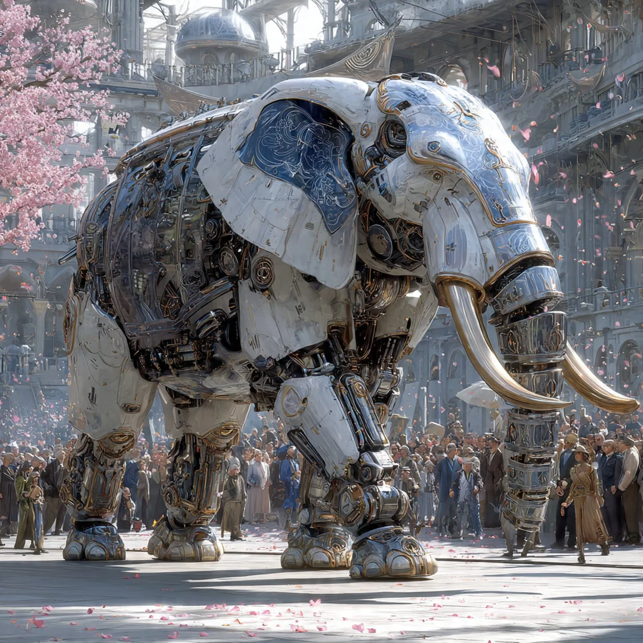 Ein riesiger, futuristischer Elefant aus Metall und Maschinen in einer belebten Stadtmitte bei einer Feier, mit vielen Menschen und Kirschblüten.